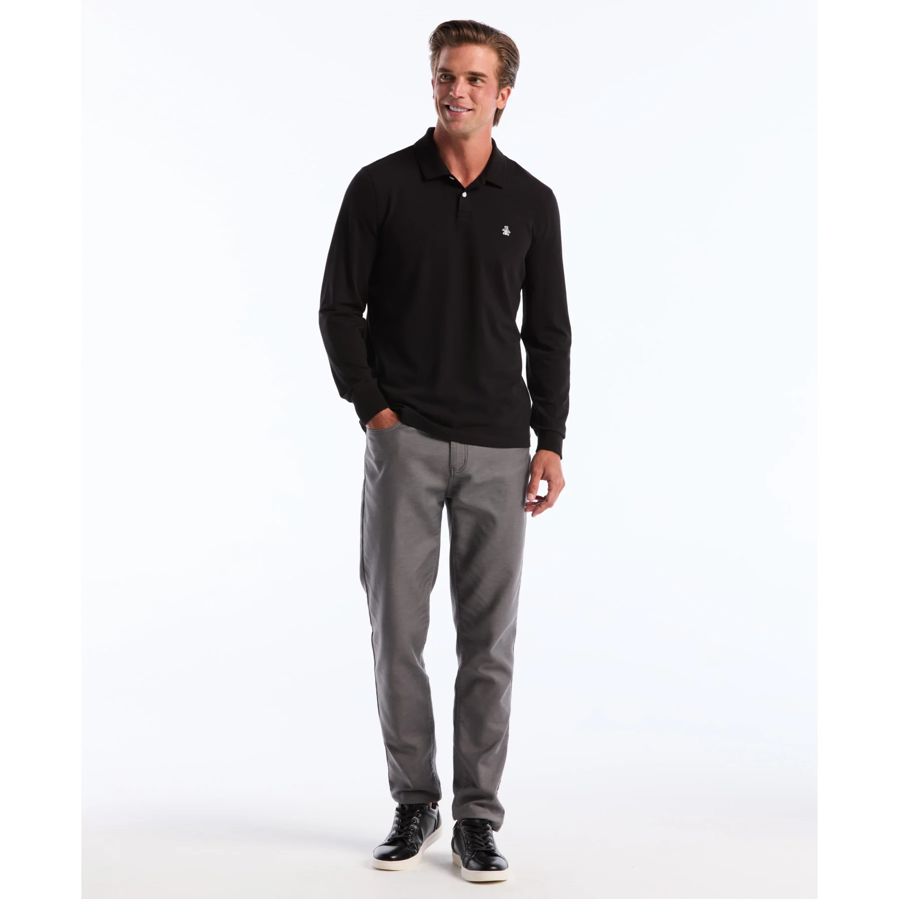 Pique Long Sleeve Polo Shirt In True Black - Image 4