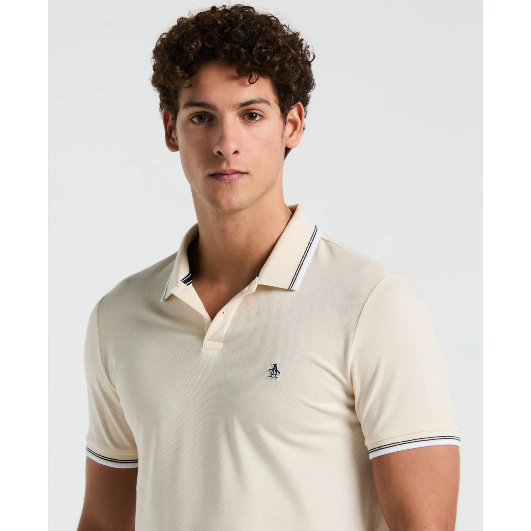 Pique Sticker Pete Tipped Polo Shirt In Birch - Image 3