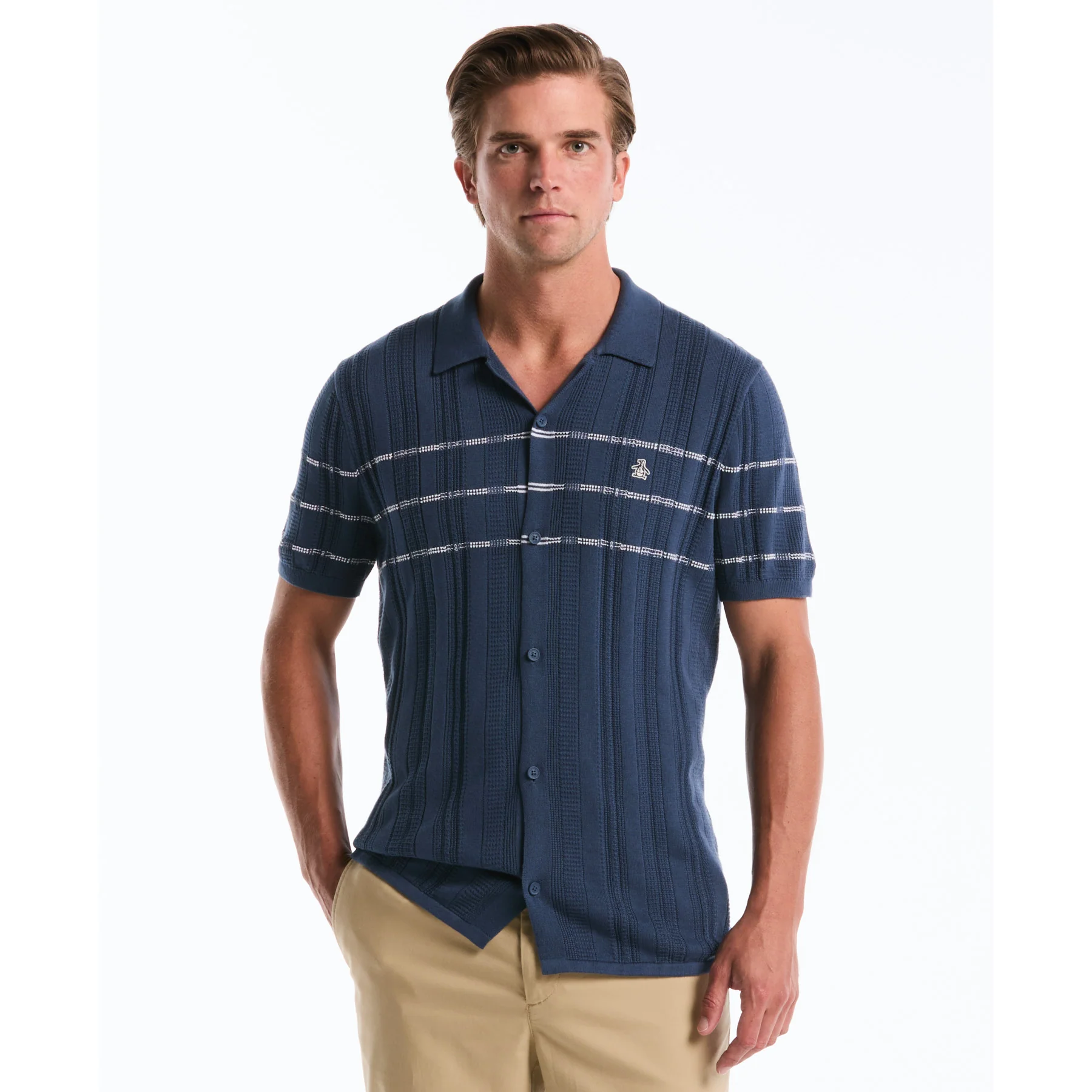 Ribbed Button Front Sweater Polo In Sargasso Sea