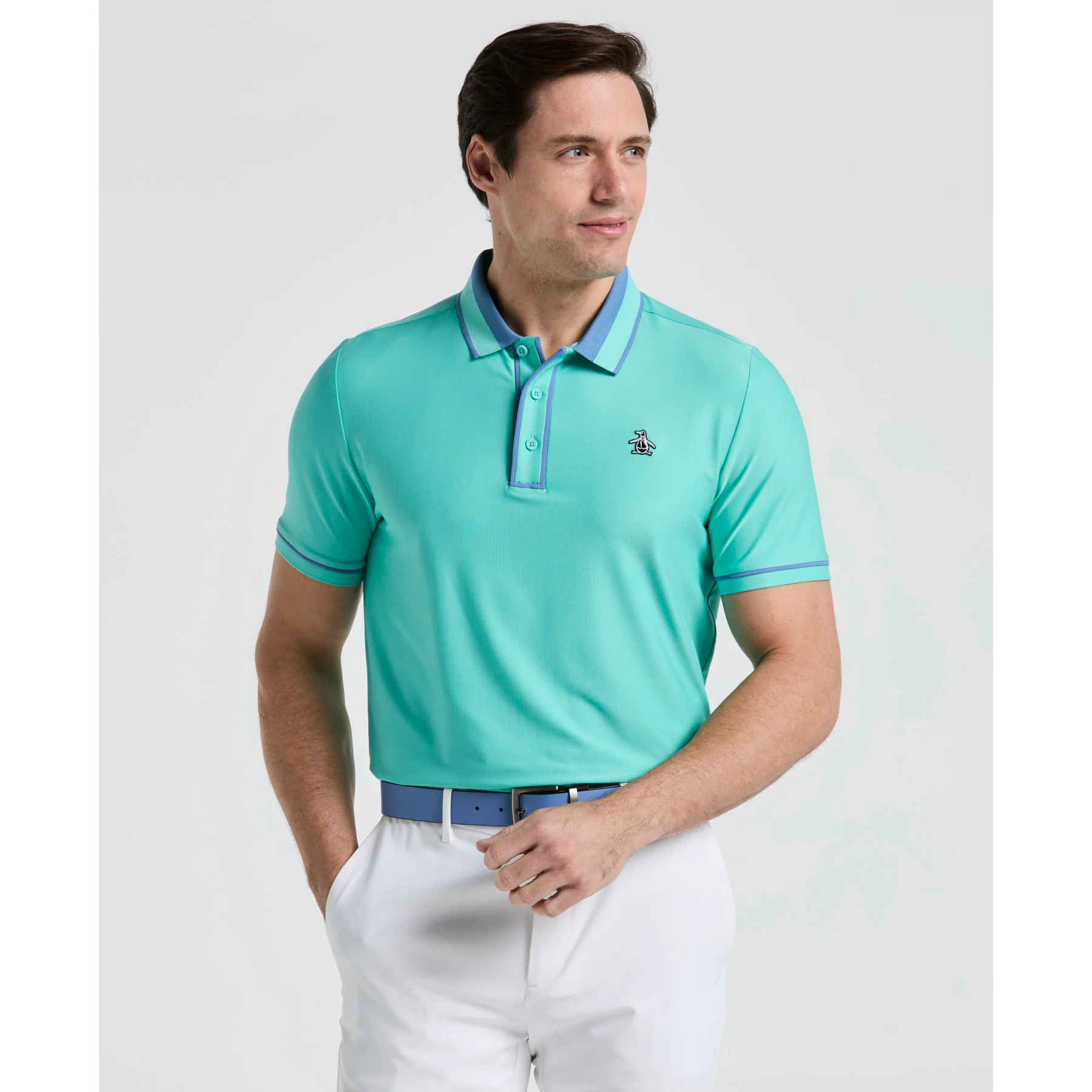 Ribbed Earl Blocked Golf Polo Shirt In Pool Blue