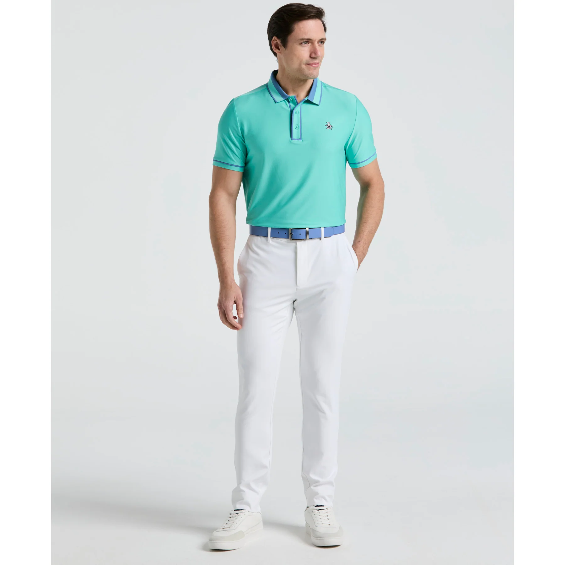Ribbed Earl Blocked Golf Polo Shirt In Pool Blue - Image 4