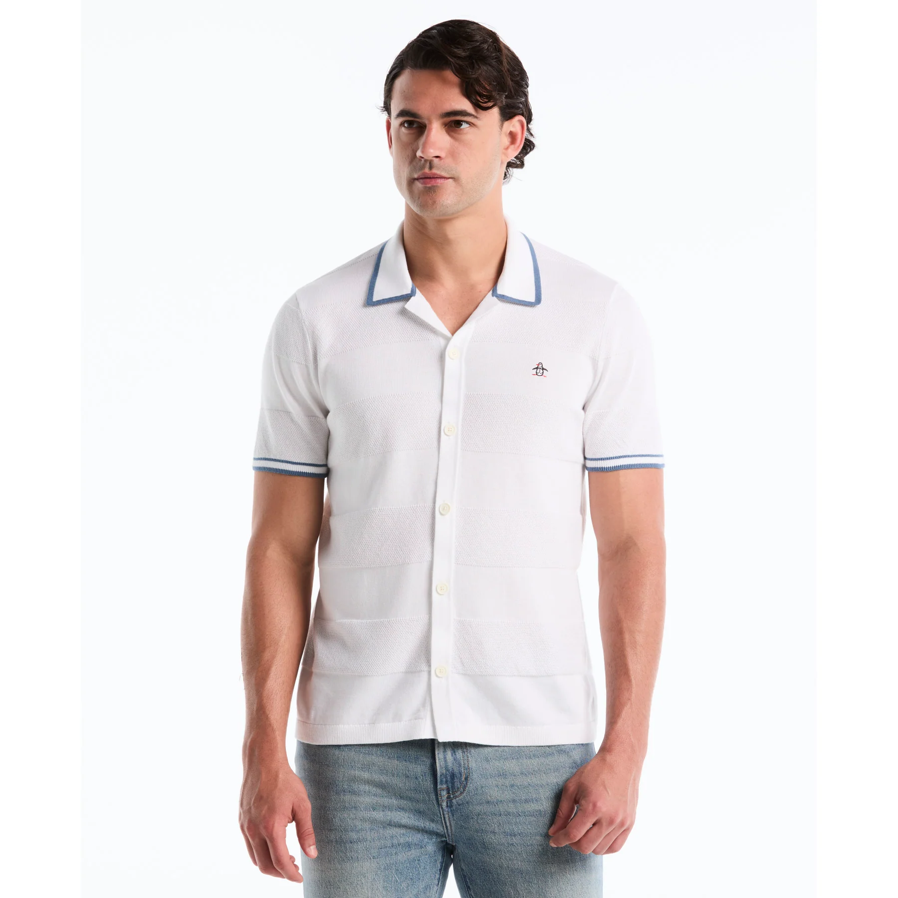 Seed Stitch Stripe Button Front Sweater Polo In Bright White
