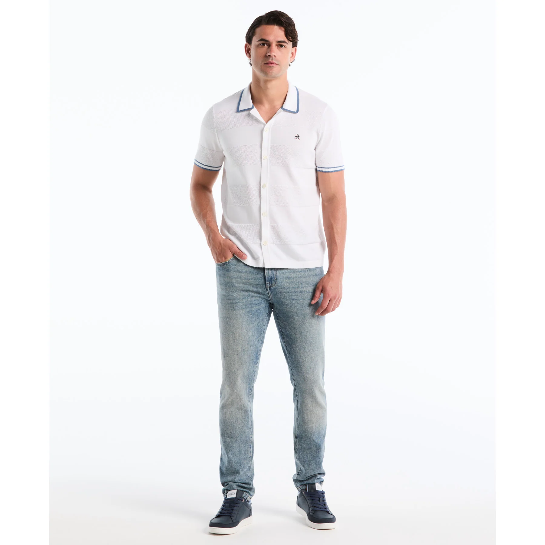 Seed Stitch Stripe Button Front Sweater Polo In Bright White - Image 2