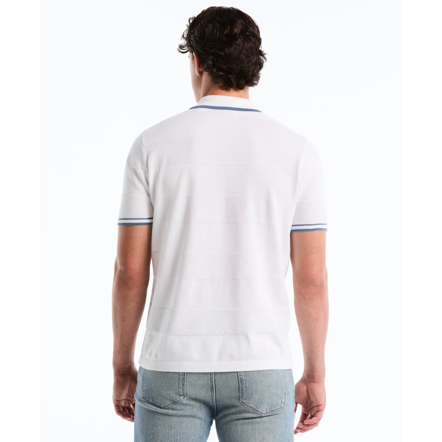 Seed Stitch Stripe Button Front Sweater Polo In Bright White - Image 3