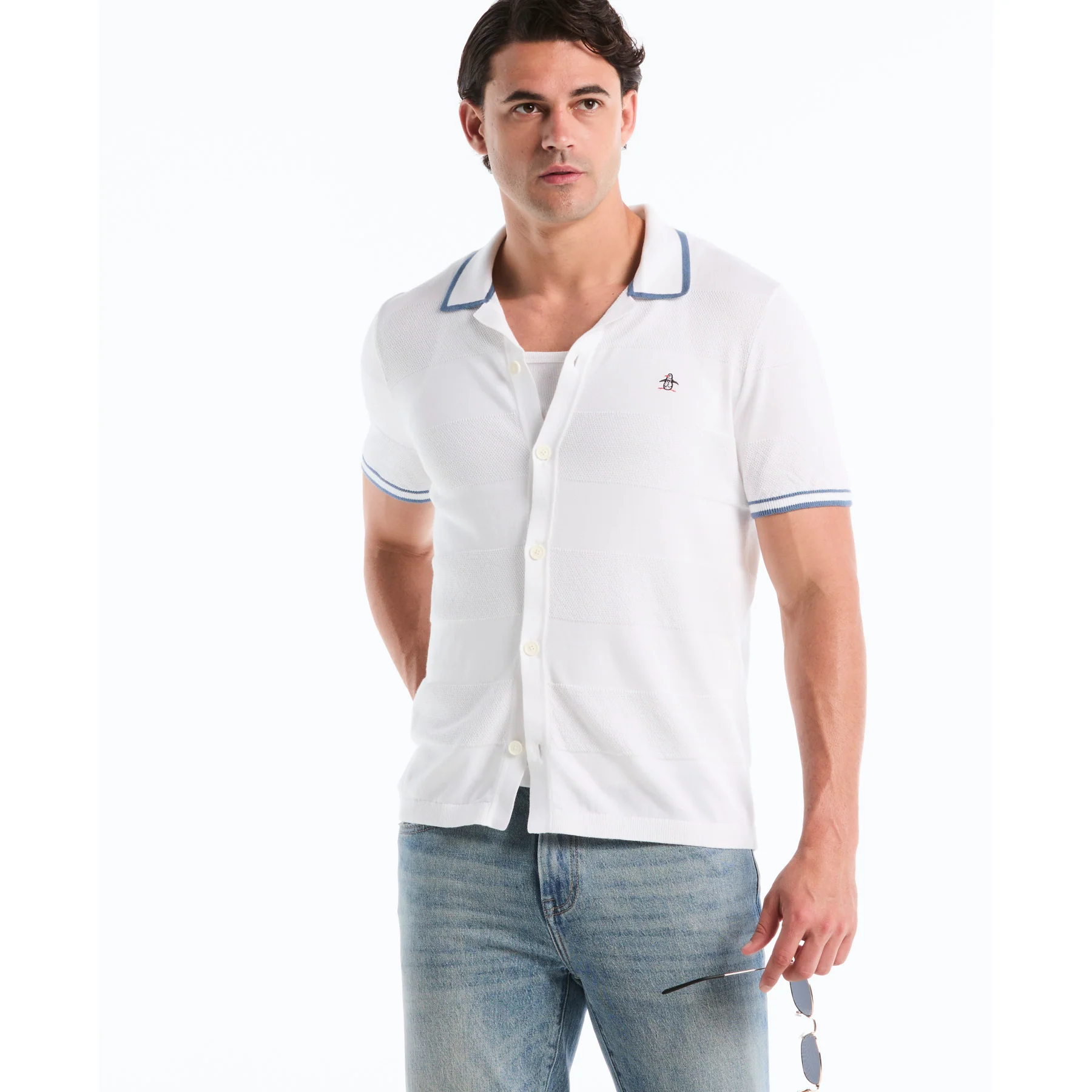 Seed Stitch Stripe Button Front Sweater Polo In Bright White - Image 5