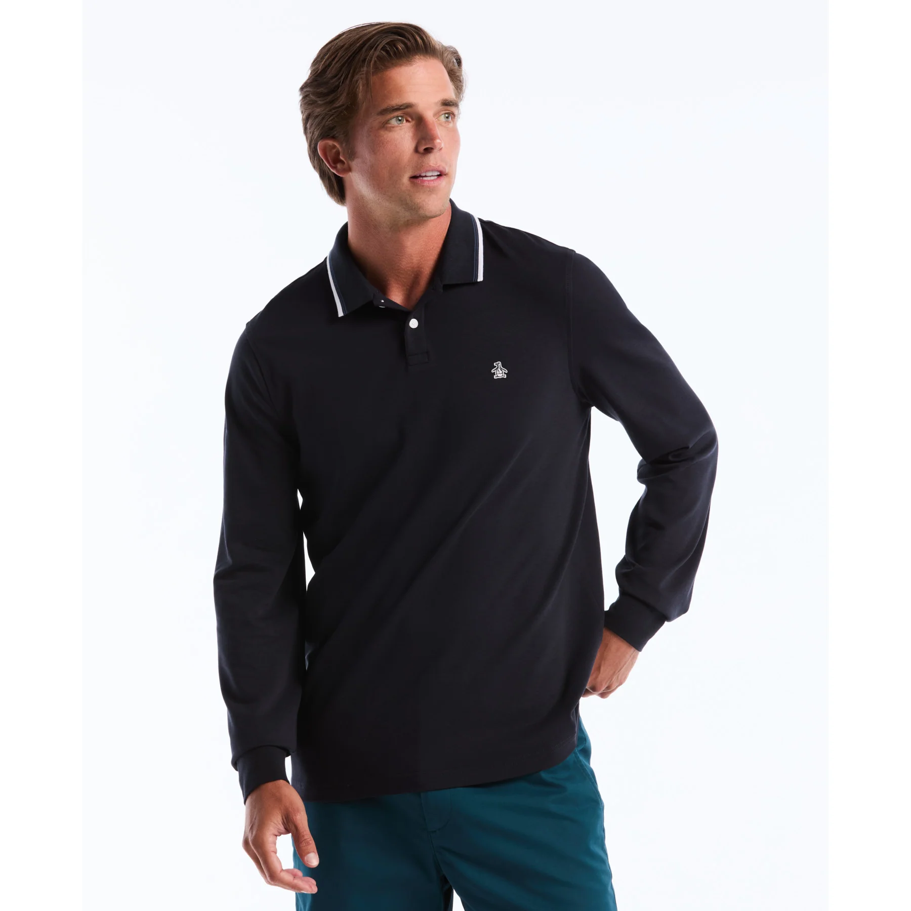 Sticker Pete Tipped Long Sleeve Polo Shirt In Dark Sapphire