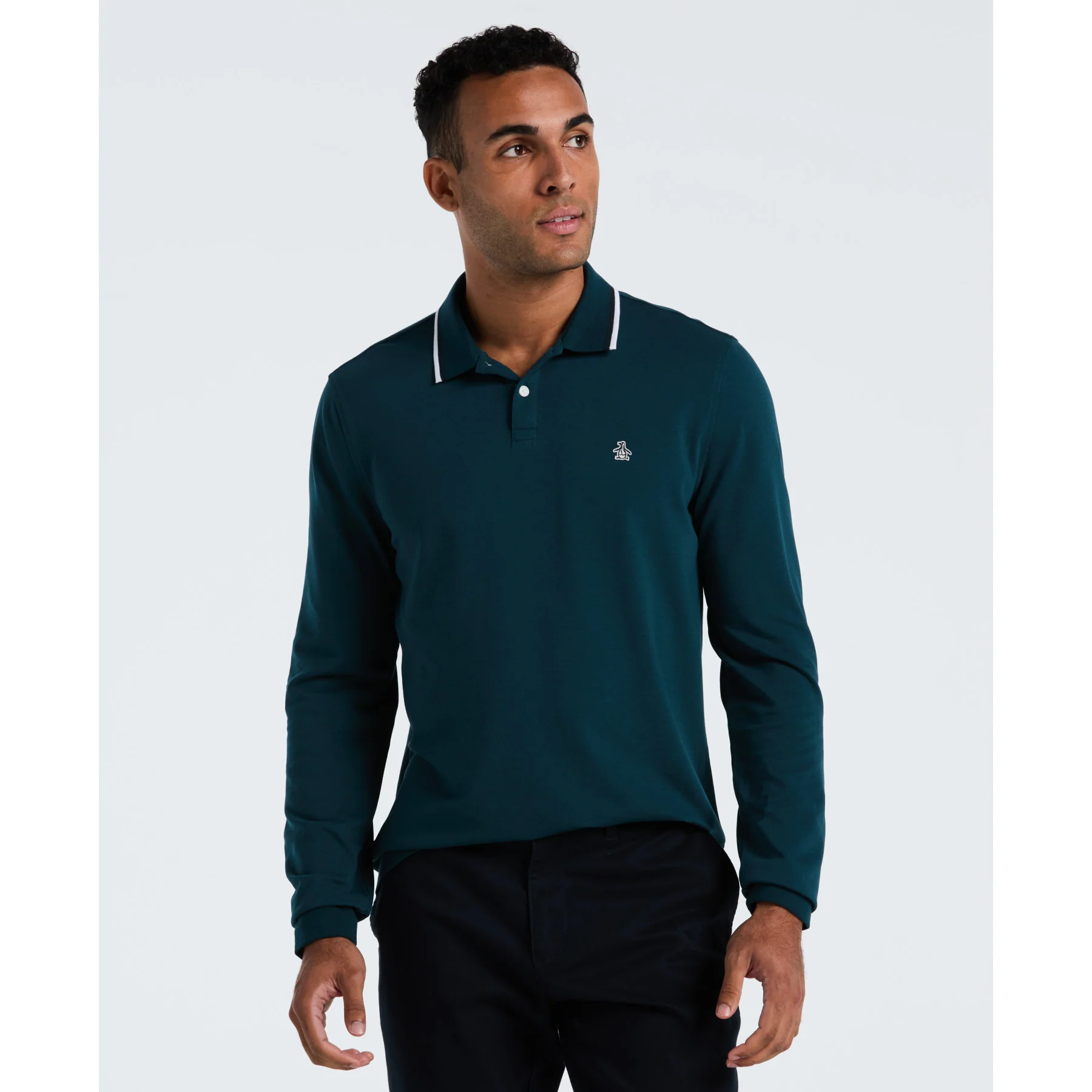 Sticker Pete Tipped Long Sleeve Polo Shirt In Reflecting Pond
