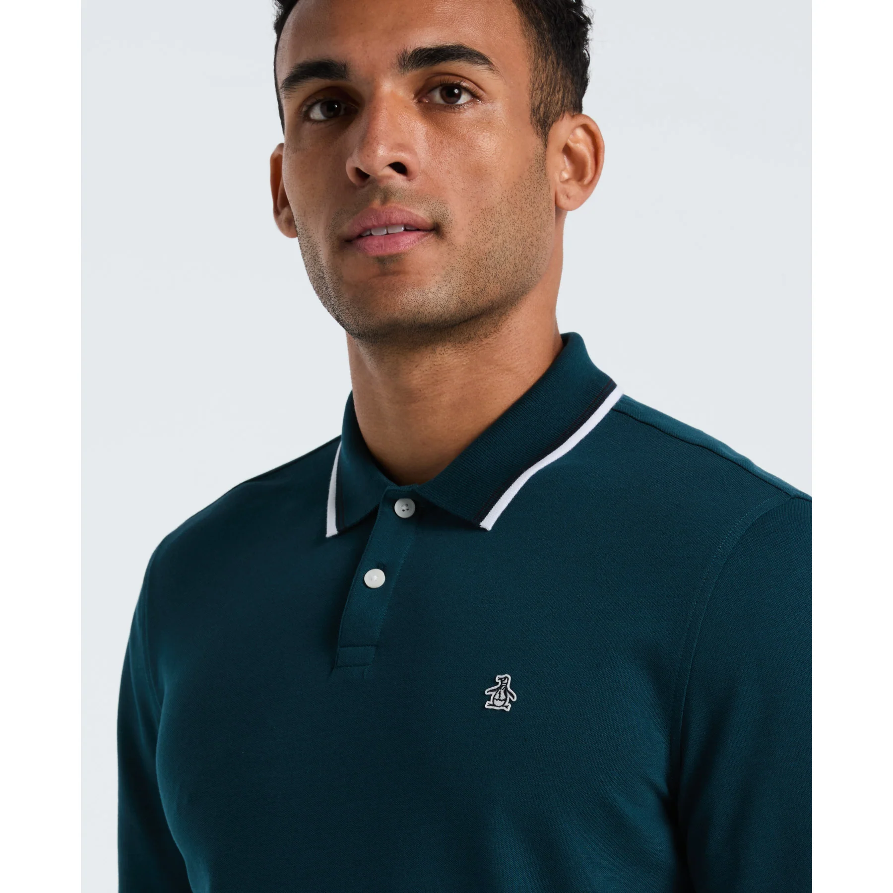 Sticker Pete Tipped Long Sleeve Polo Shirt In Reflecting Pond - Image 3