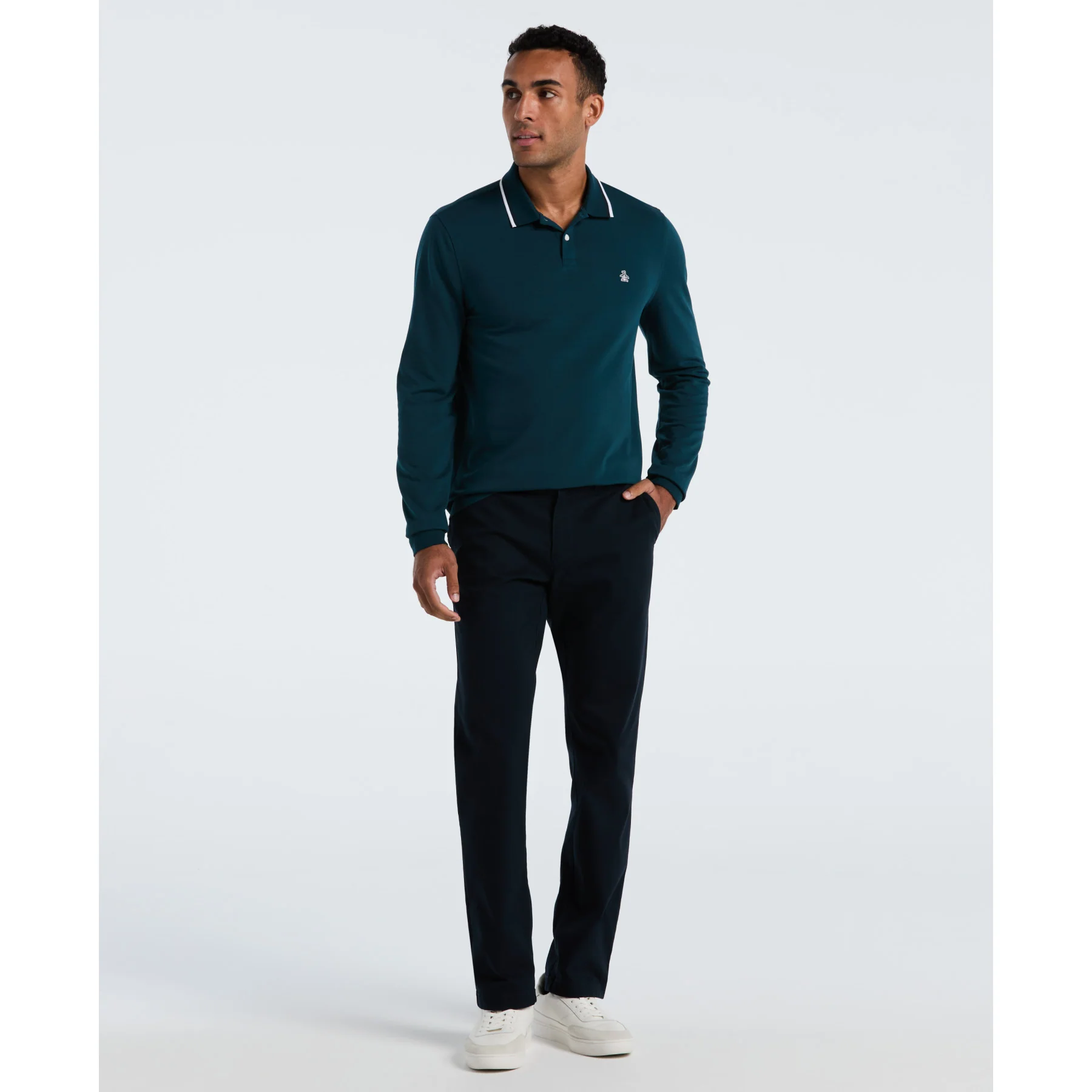 Sticker Pete Tipped Long Sleeve Polo Shirt In Reflecting Pond - Image 4