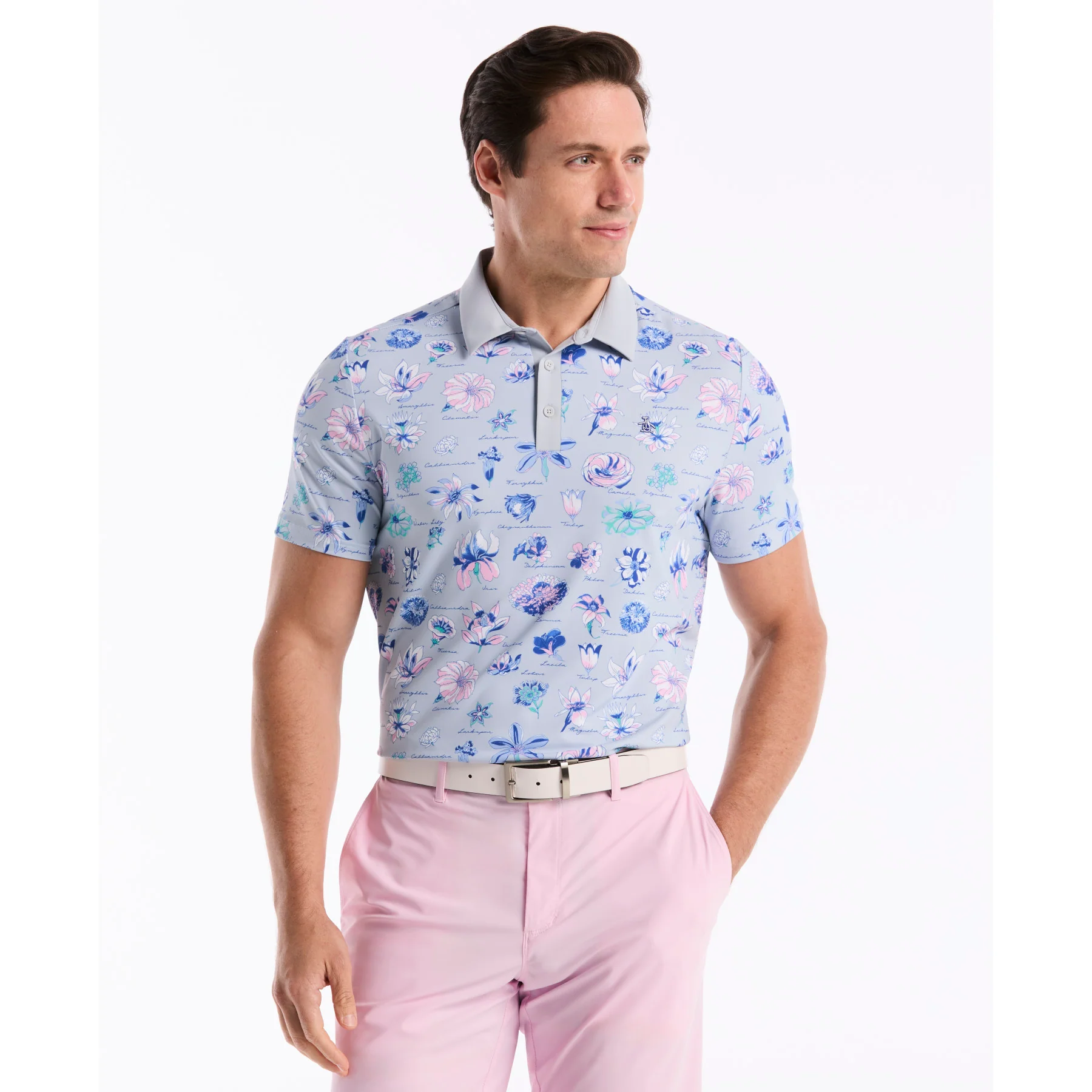 Textbook Floral Golf Polo In Gray Dawn