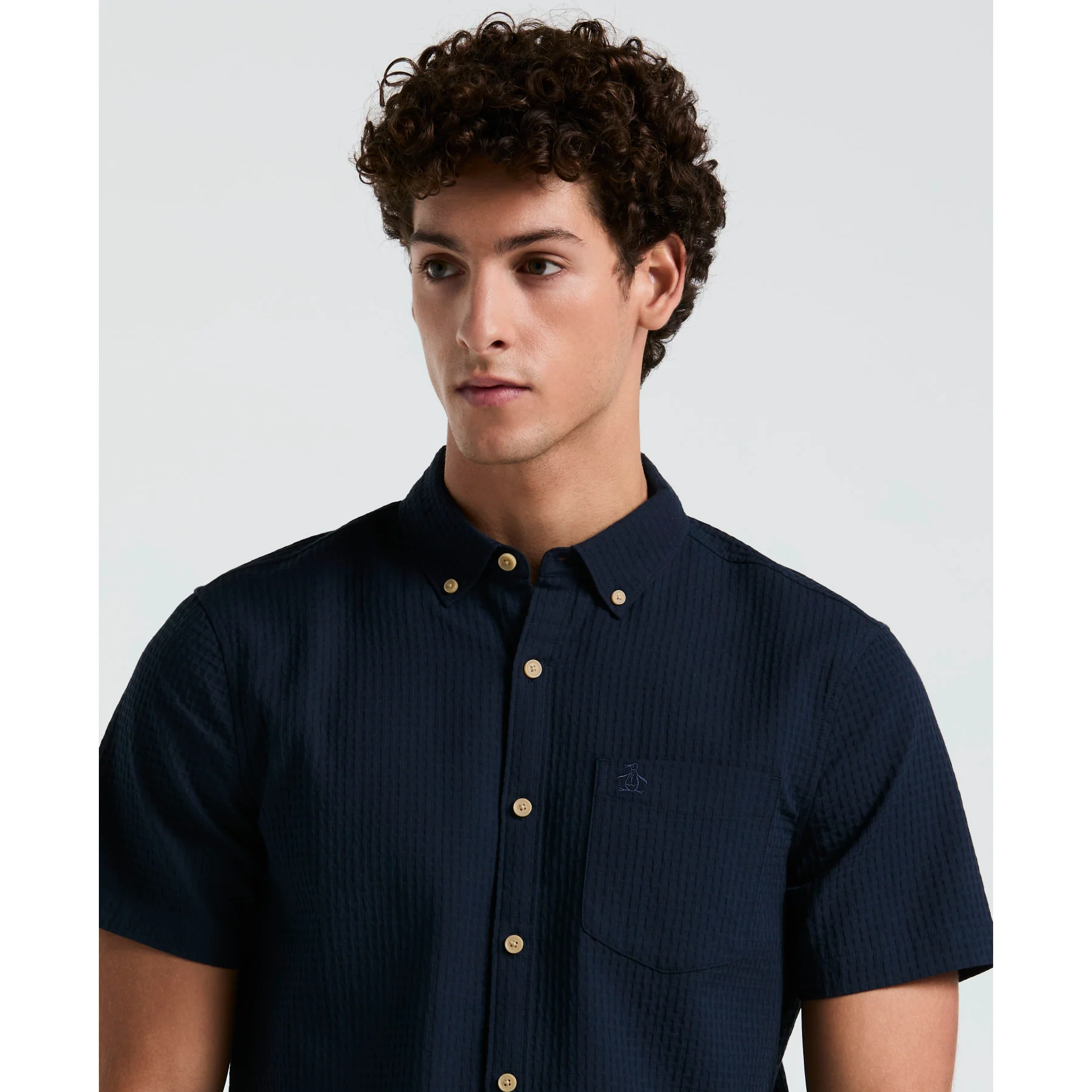 Textured Dobby Short Sleeve Shirt In Dark Sapphire - Image 3