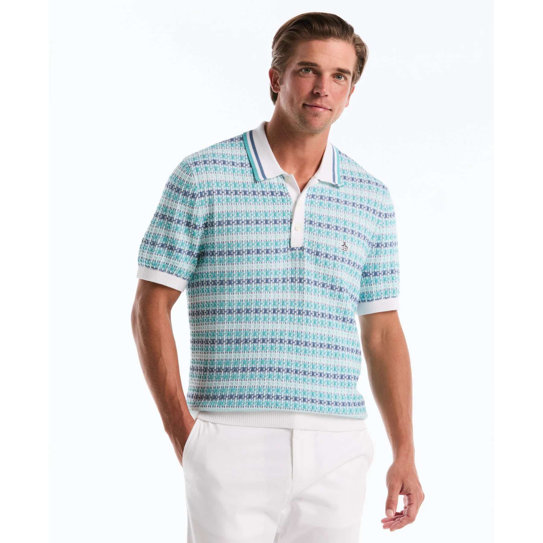 Textured Jacquard Sweater Polo In Bright White