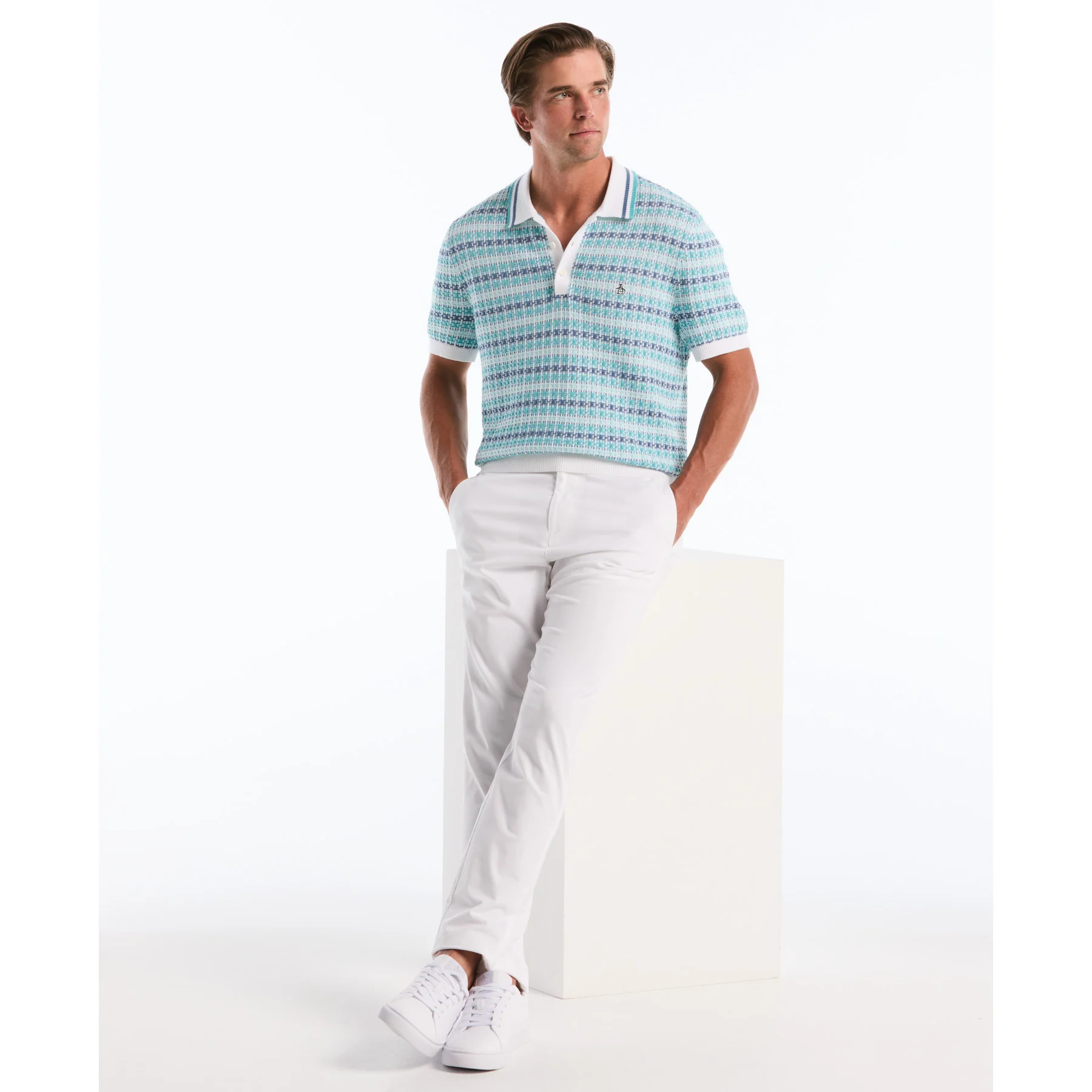 Textured Jacquard Sweater Polo In Bright White - Image 5