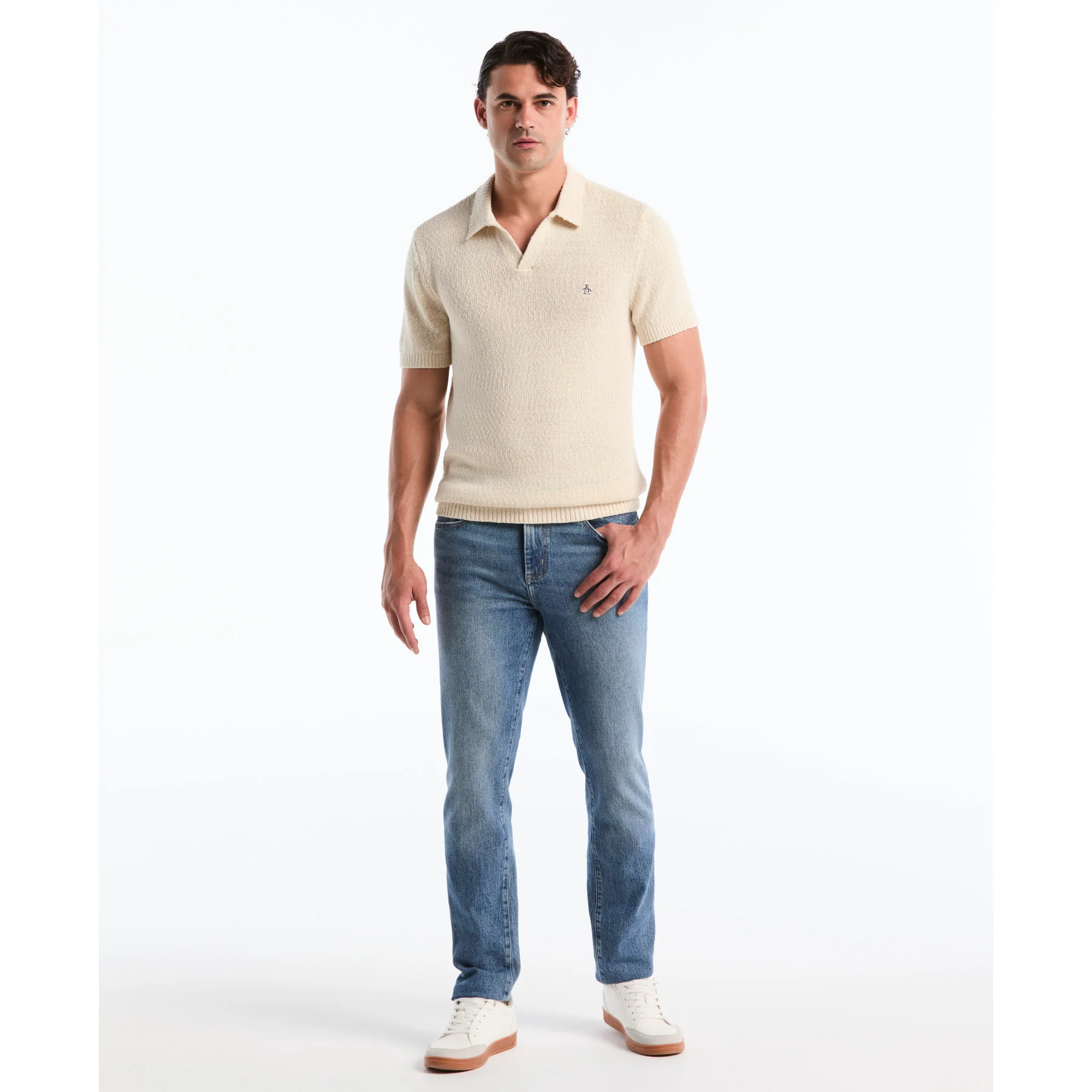 Textured Johnny Collar Sweater Polo In Birch - Image 2