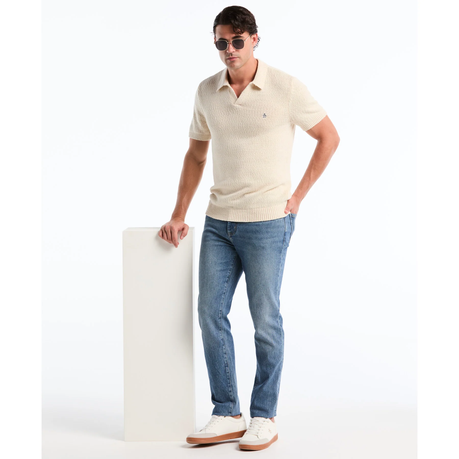 Textured Johnny Collar Sweater Polo In Birch - Image 5