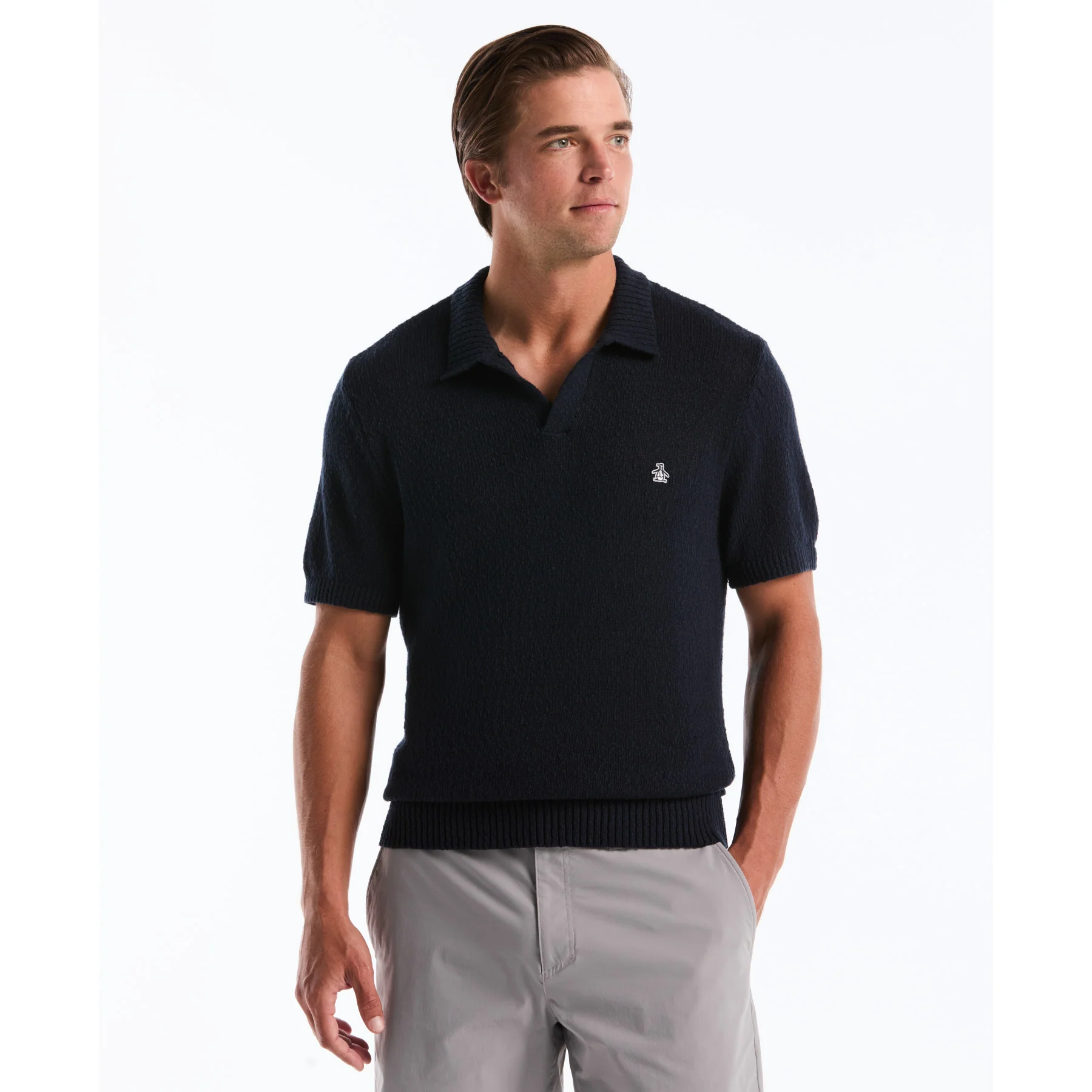 Textured Johnny Collar Sweater Polo In Dark Sapphire