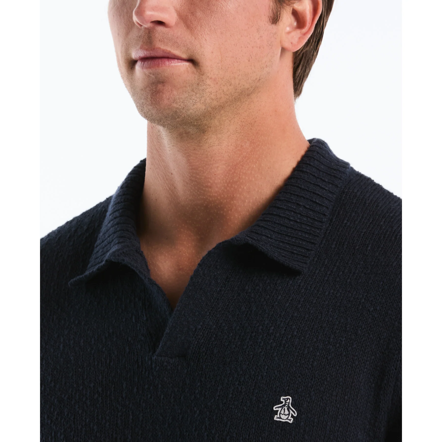 Textured Johnny Collar Sweater Polo In Dark Sapphire - Image 4