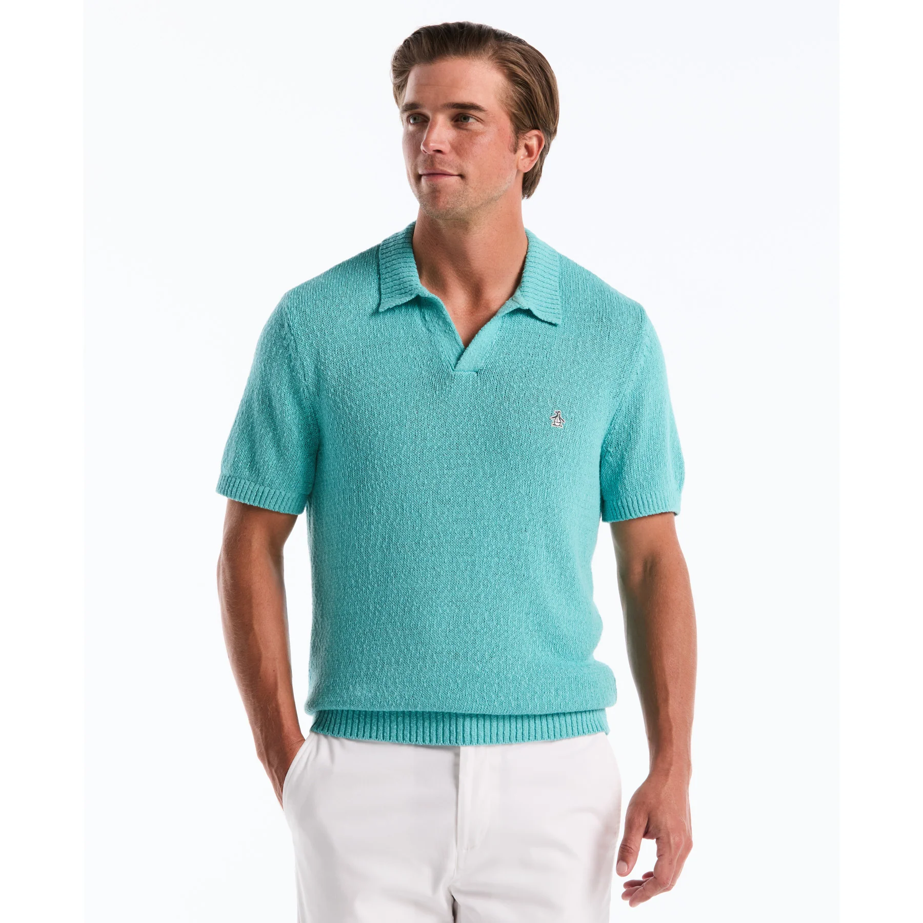 Textured Johnny Collar Sweater Polo In Aquarelle