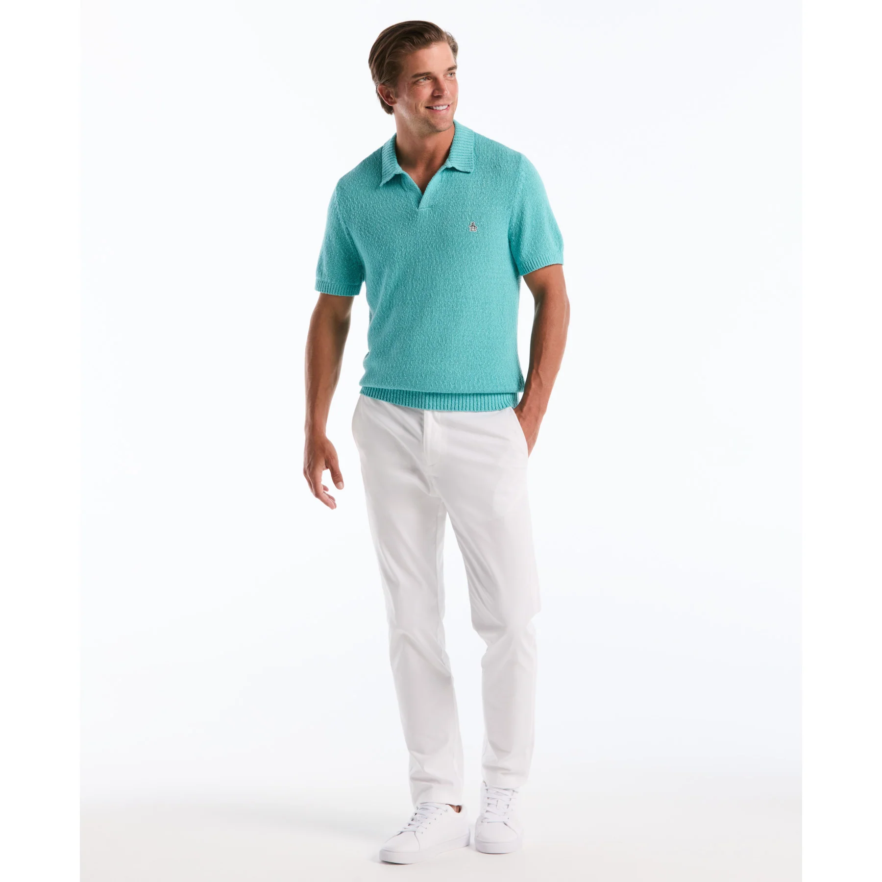 Textured Johnny Collar Sweater Polo In Aquarelle - Image 2