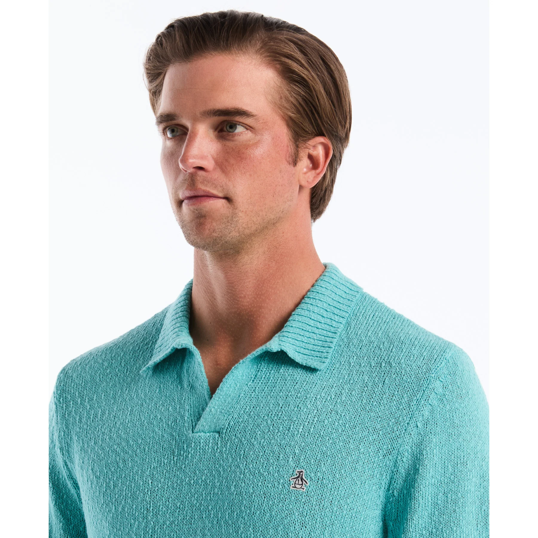 Textured Johnny Collar Sweater Polo In Aquarelle - Image 4