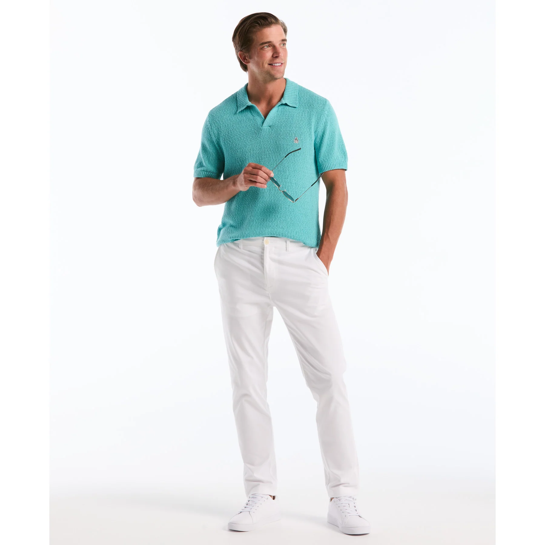 Textured Johnny Collar Sweater Polo In Aquarelle - Image 5