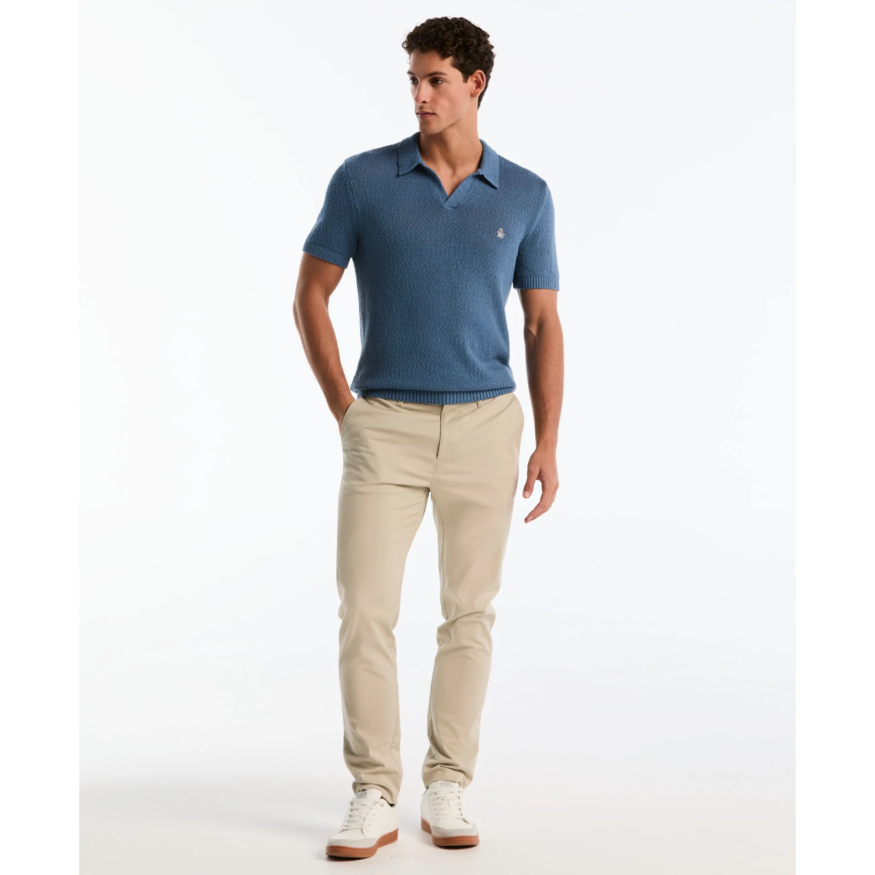 Textured Johnny Collar Sweater Polo In Copen Blue - Image 2