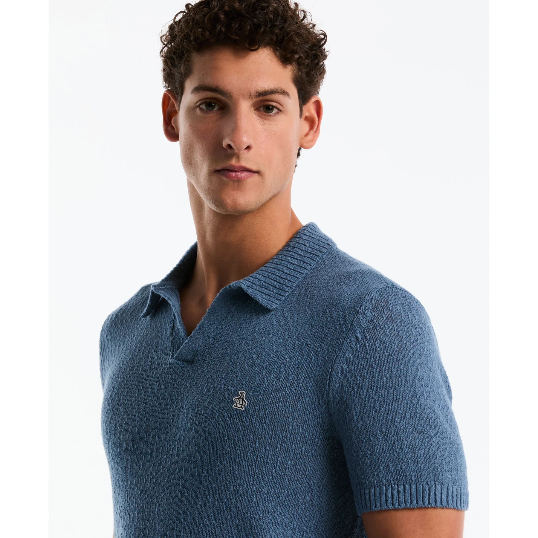Textured Johnny Collar Sweater Polo In Copen Blue - Image 4