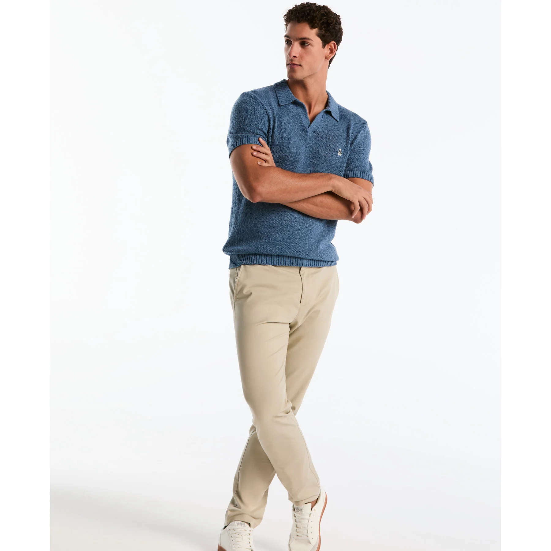 Textured Johnny Collar Sweater Polo In Copen Blue - Image 5