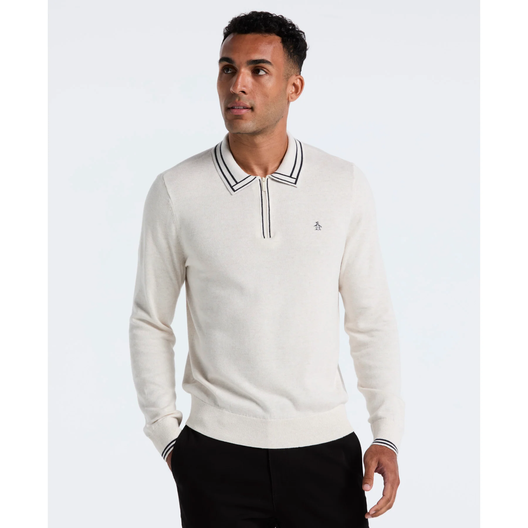 Tipped Quarter Zip Long Sleeve Sweater Polo In Birch Heather