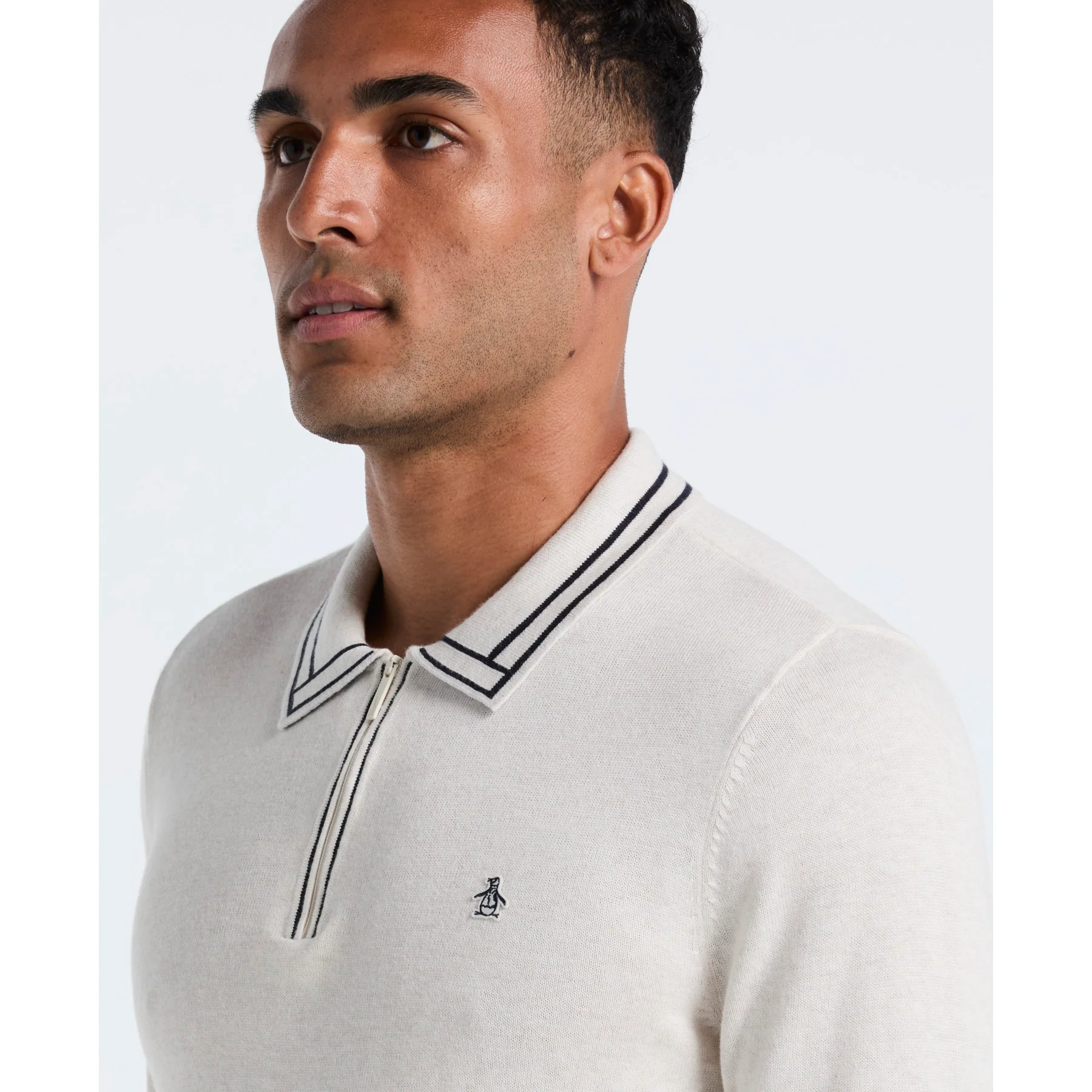 Tipped Quarter Zip Long Sleeve Sweater Polo In Birch Heather - Image 3
