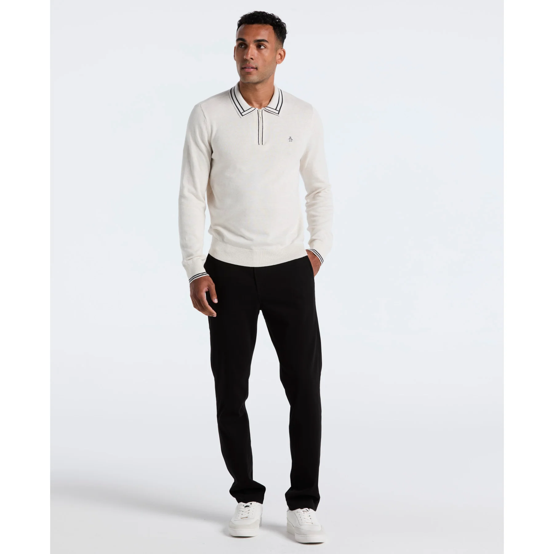 Tipped Quarter Zip Long Sleeve Sweater Polo In Birch Heather - Image 4