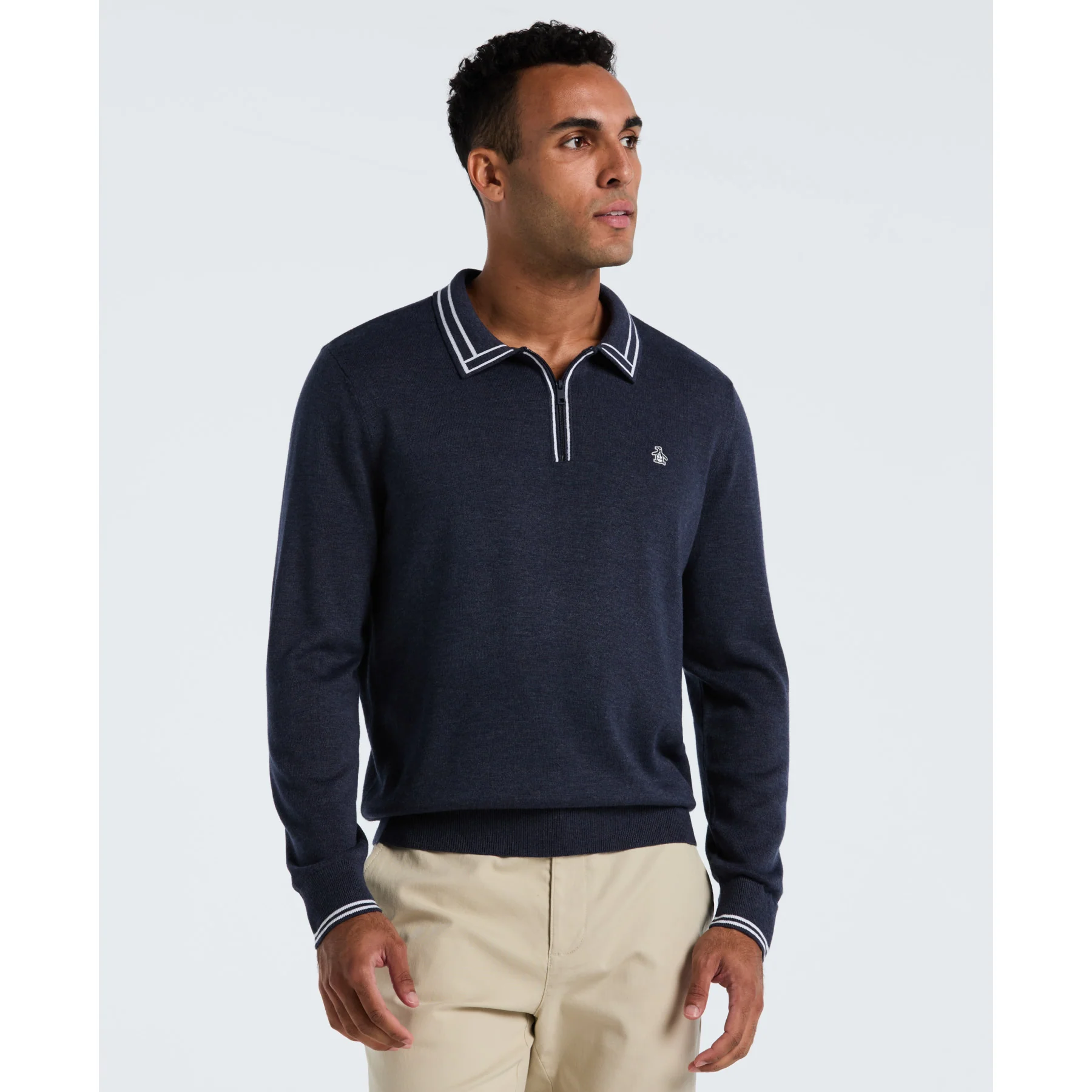 Tipped Quarter Zip Long Sleeve Sweater Polo In Dark Sapphire Heather
