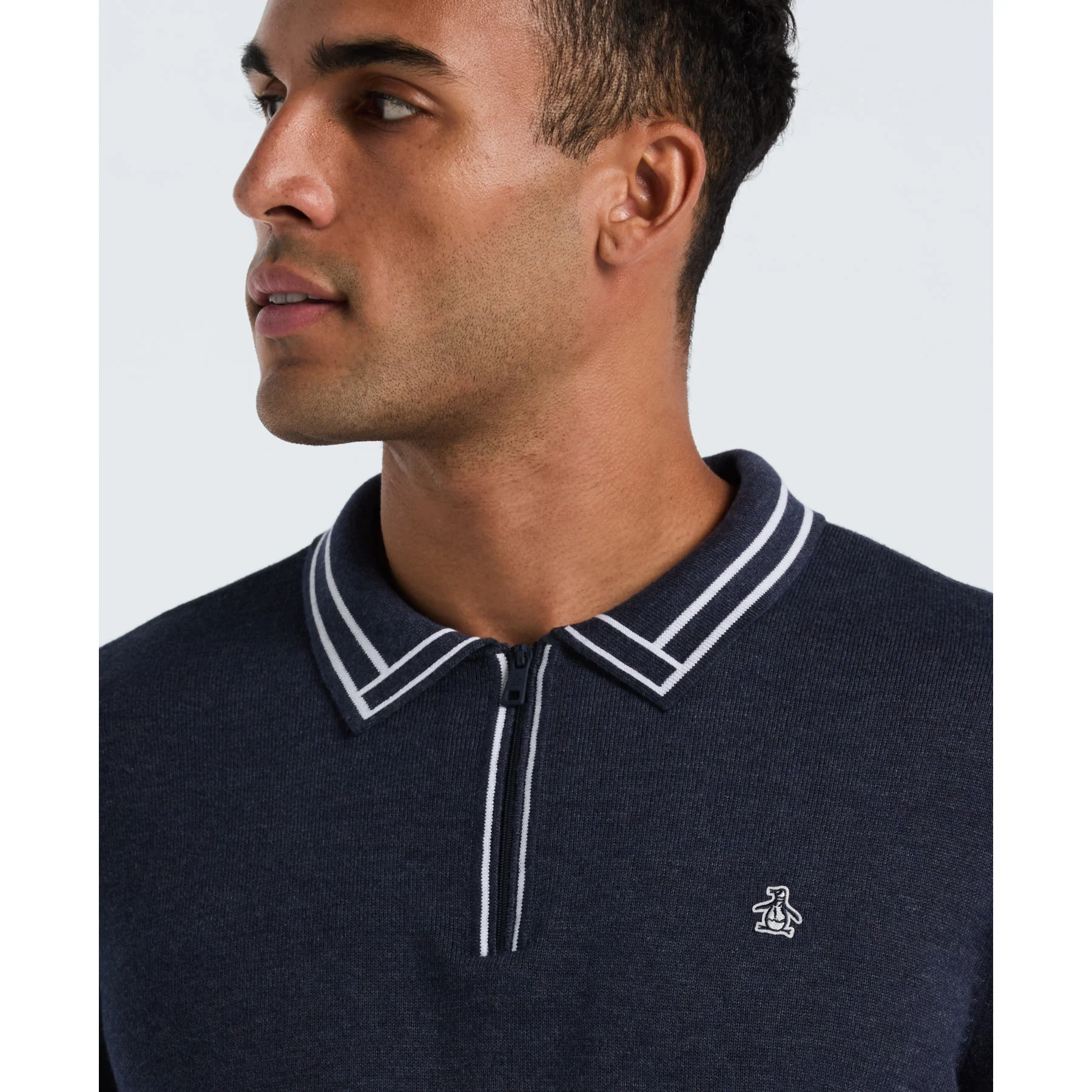 Tipped Quarter Zip Long Sleeve Sweater Polo In Dark Sapphire Heather - Image 3