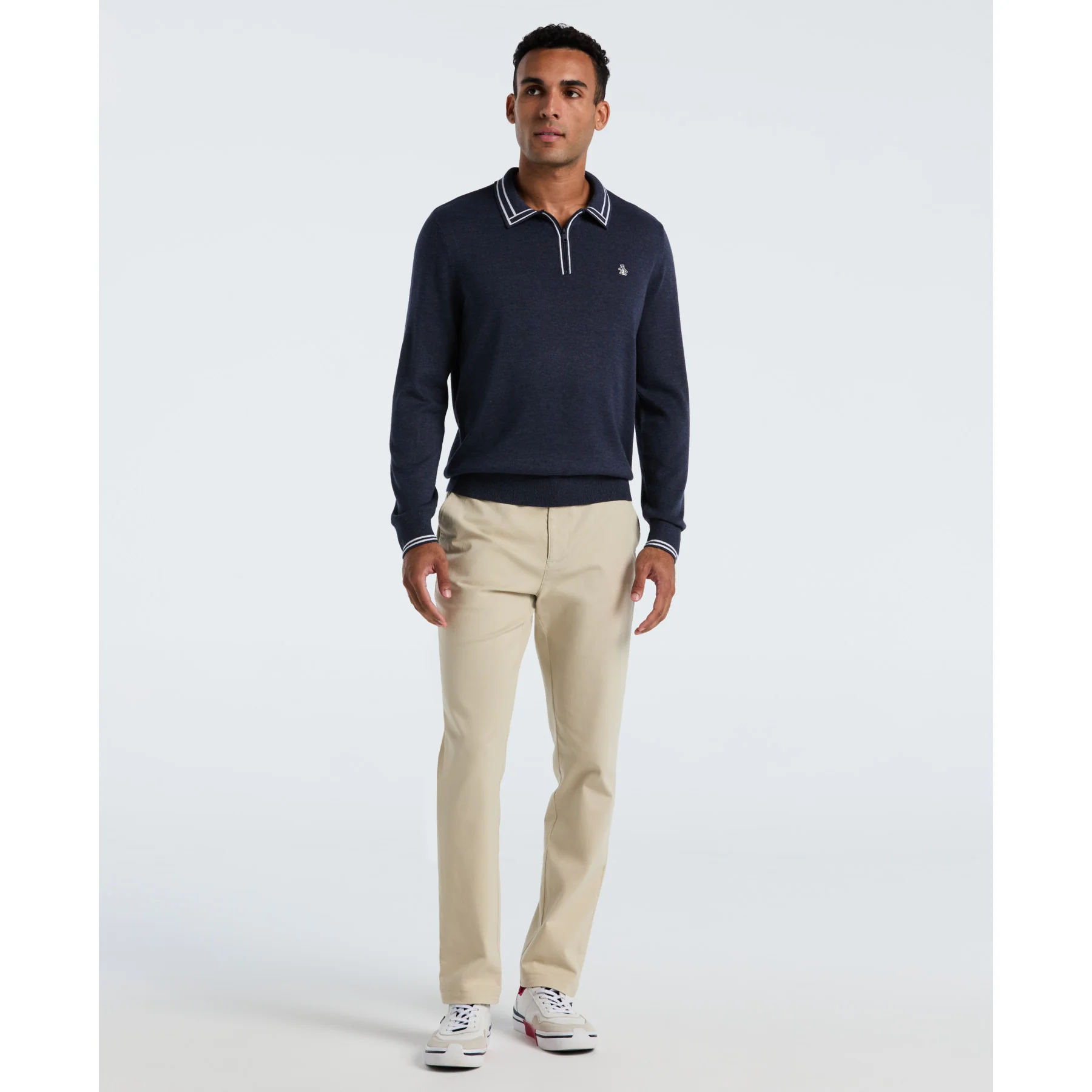 Tipped Quarter Zip Long Sleeve Sweater Polo In Dark Sapphire Heather - Image 4