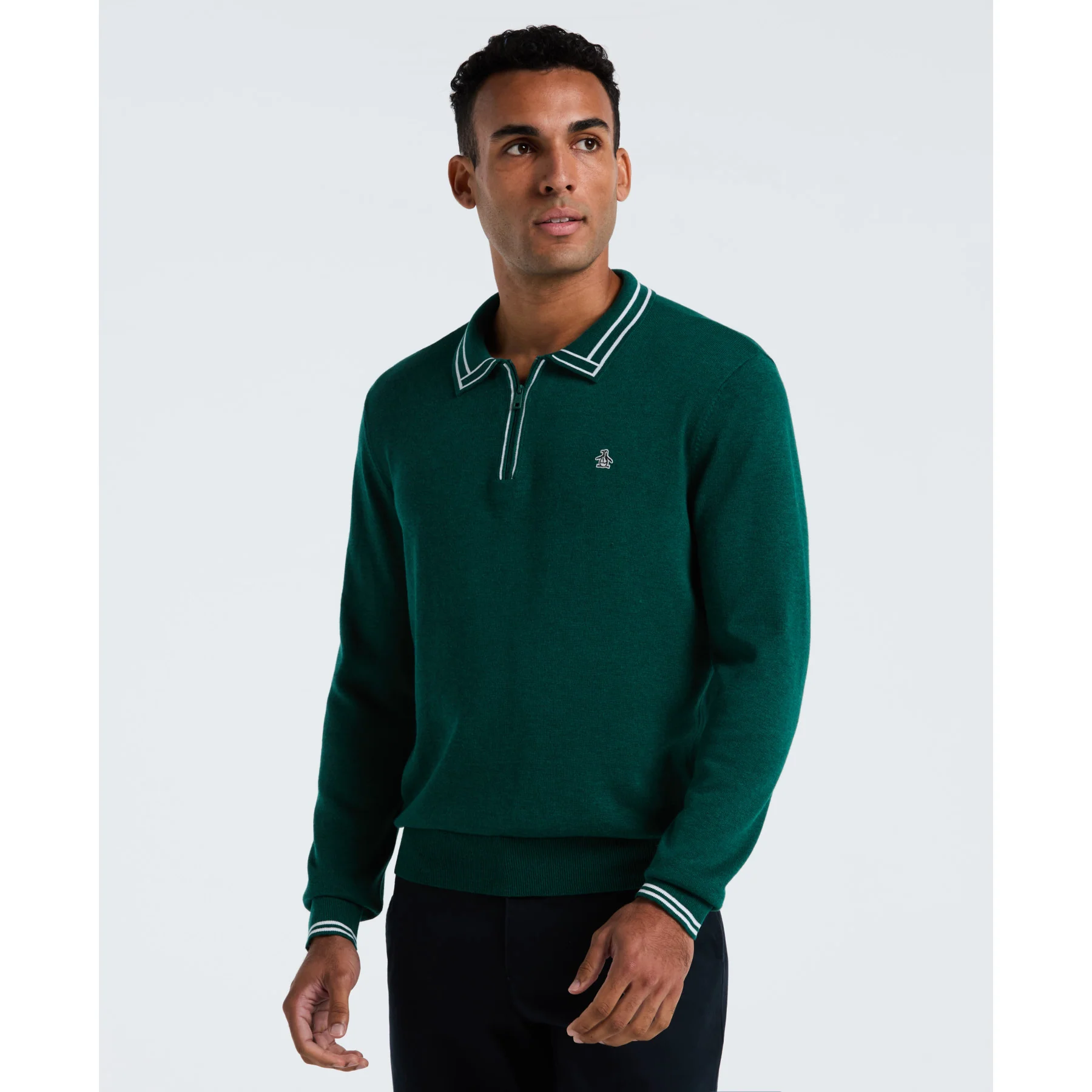 Tipped Quarter Zip Long Sleeve Sweater Polo In Botanical Green Heather