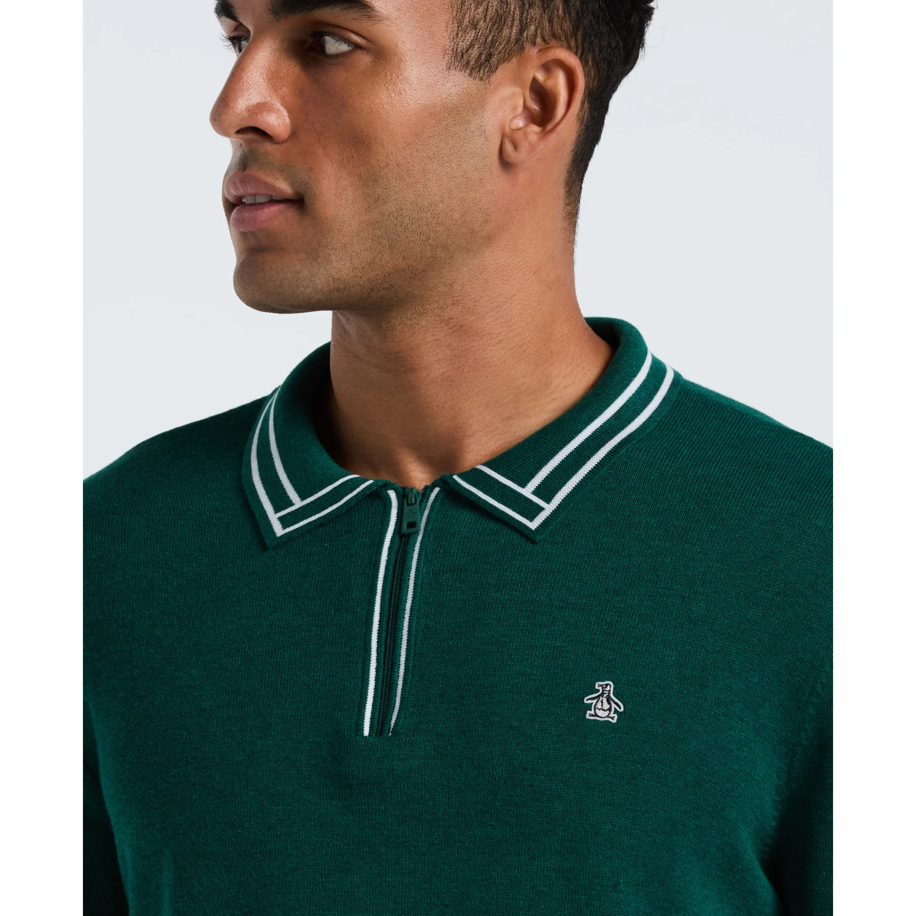 Tipped Quarter Zip Long Sleeve Sweater Polo In Botanical Green Heather - Image 3
