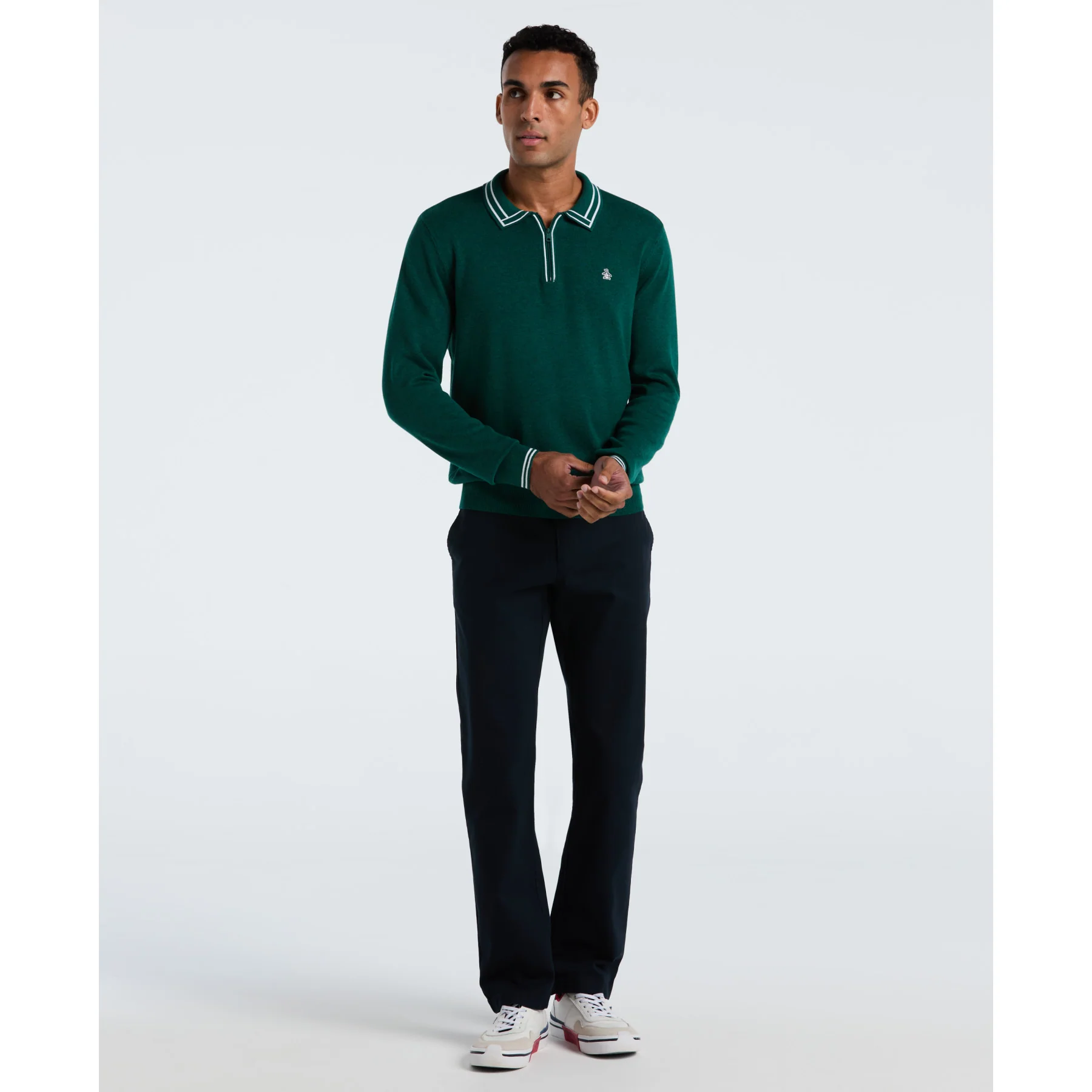 Tipped Quarter Zip Long Sleeve Sweater Polo In Botanical Green Heather - Image 4