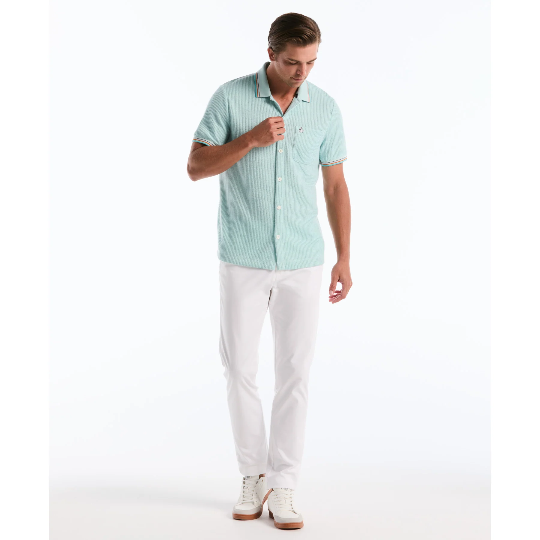 Vertical Jacquard Button Front Polo Shirt In Plume - Image 4