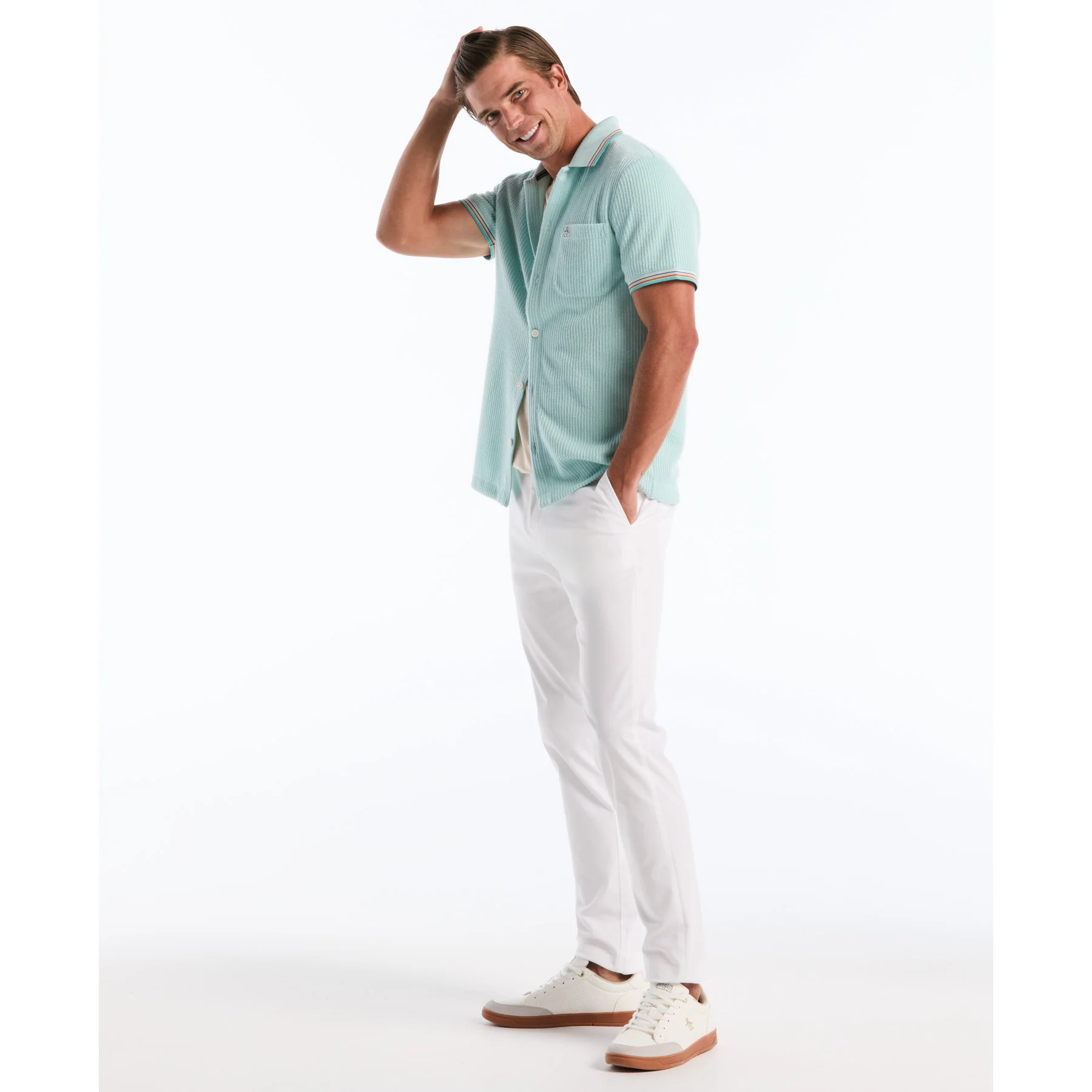 Vertical Jacquard Button Front Polo Shirt In Plume - Image 5