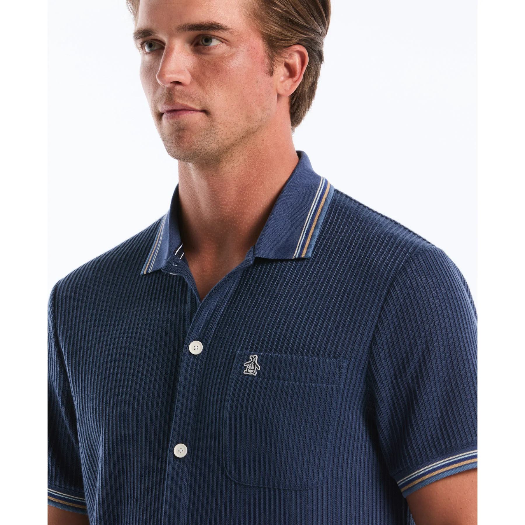Vertical Jacquard Button Front Polo Shirt In Sargasso Sea - Image 3