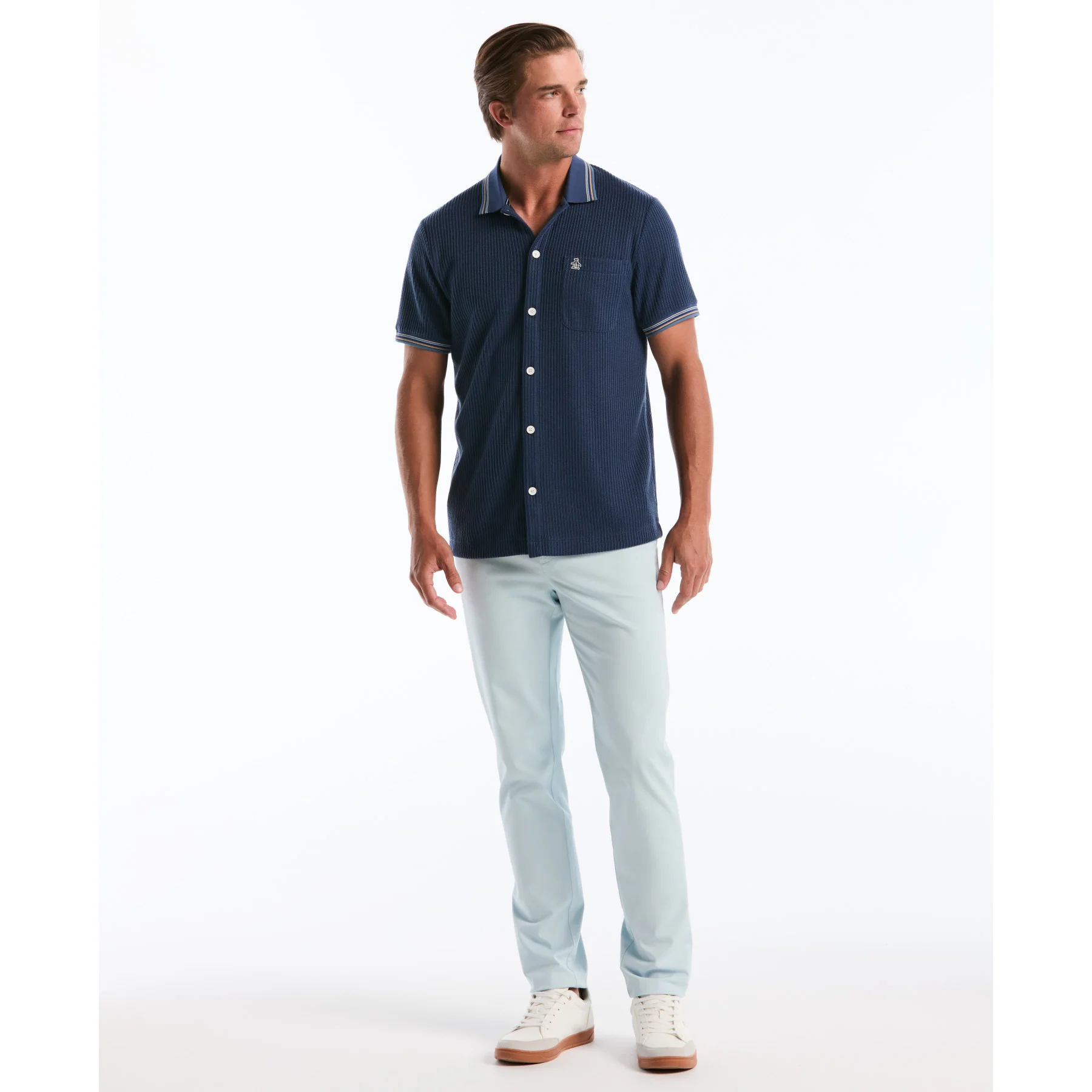 Vertical Jacquard Button Front Polo Shirt In Sargasso Sea - Image 4