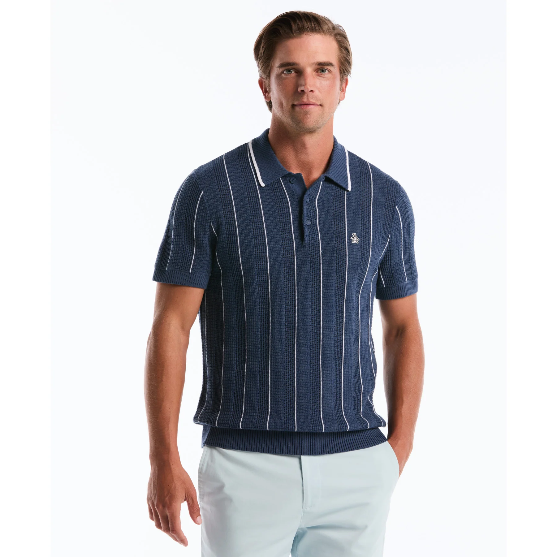 Vertical Mesh Stripe Sweater Polo In Sargasso Sea