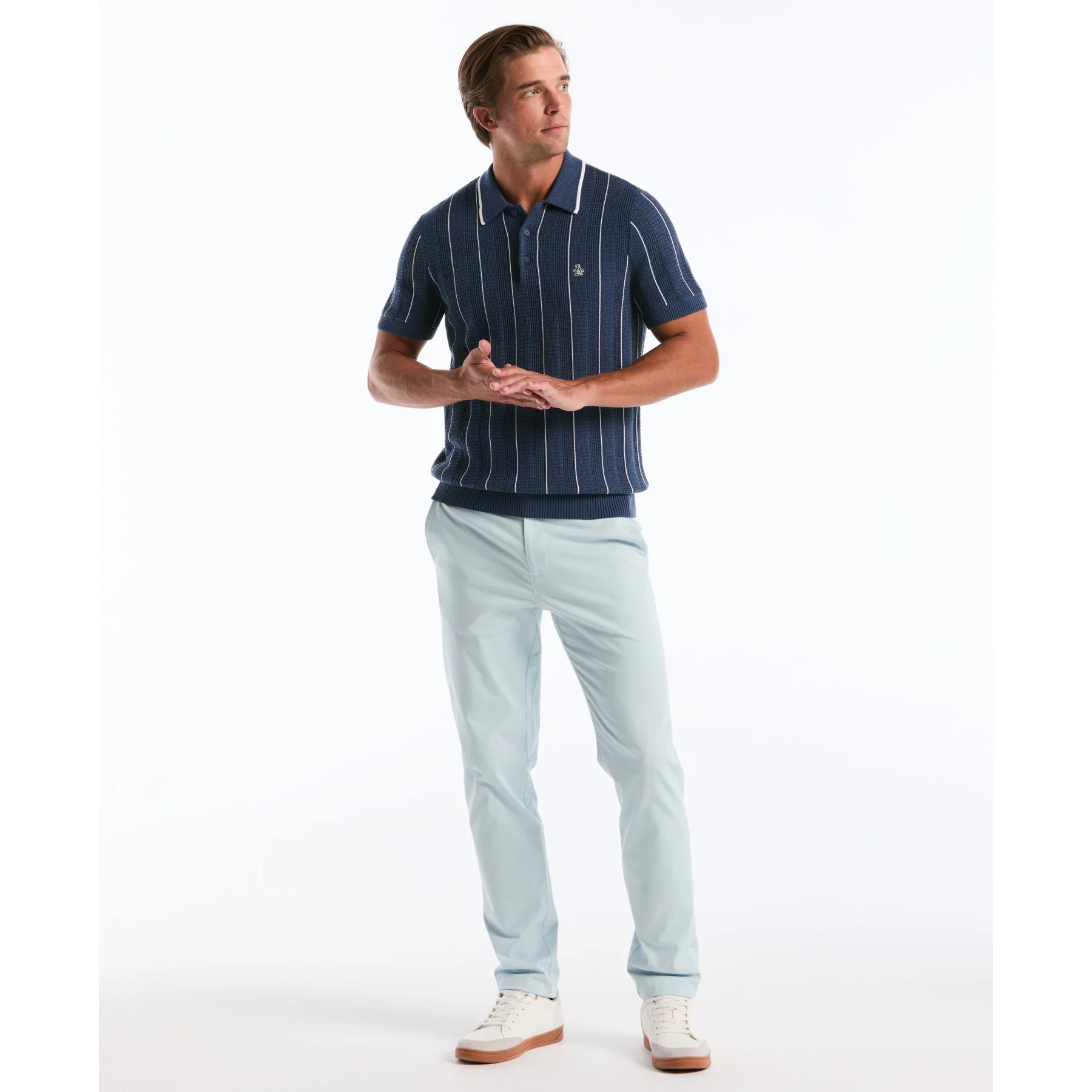 Vertical Mesh Stripe Sweater Polo In Sargasso Sea - Image 2