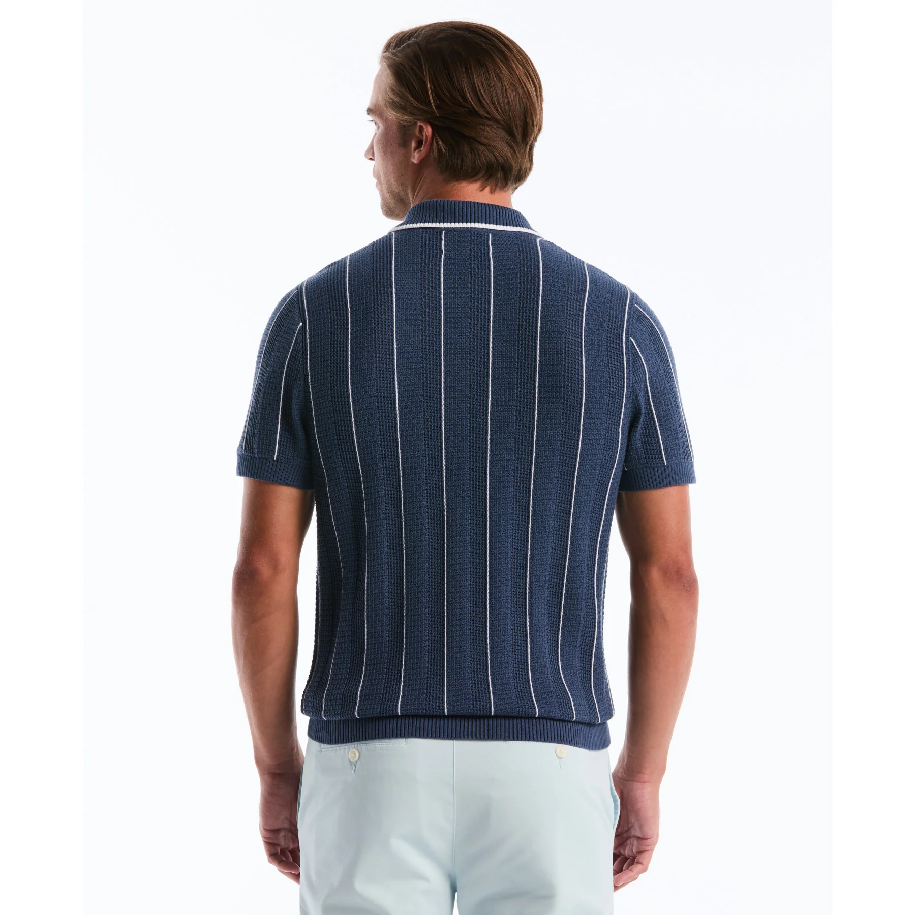 Vertical Mesh Stripe Sweater Polo In Sargasso Sea - Image 3