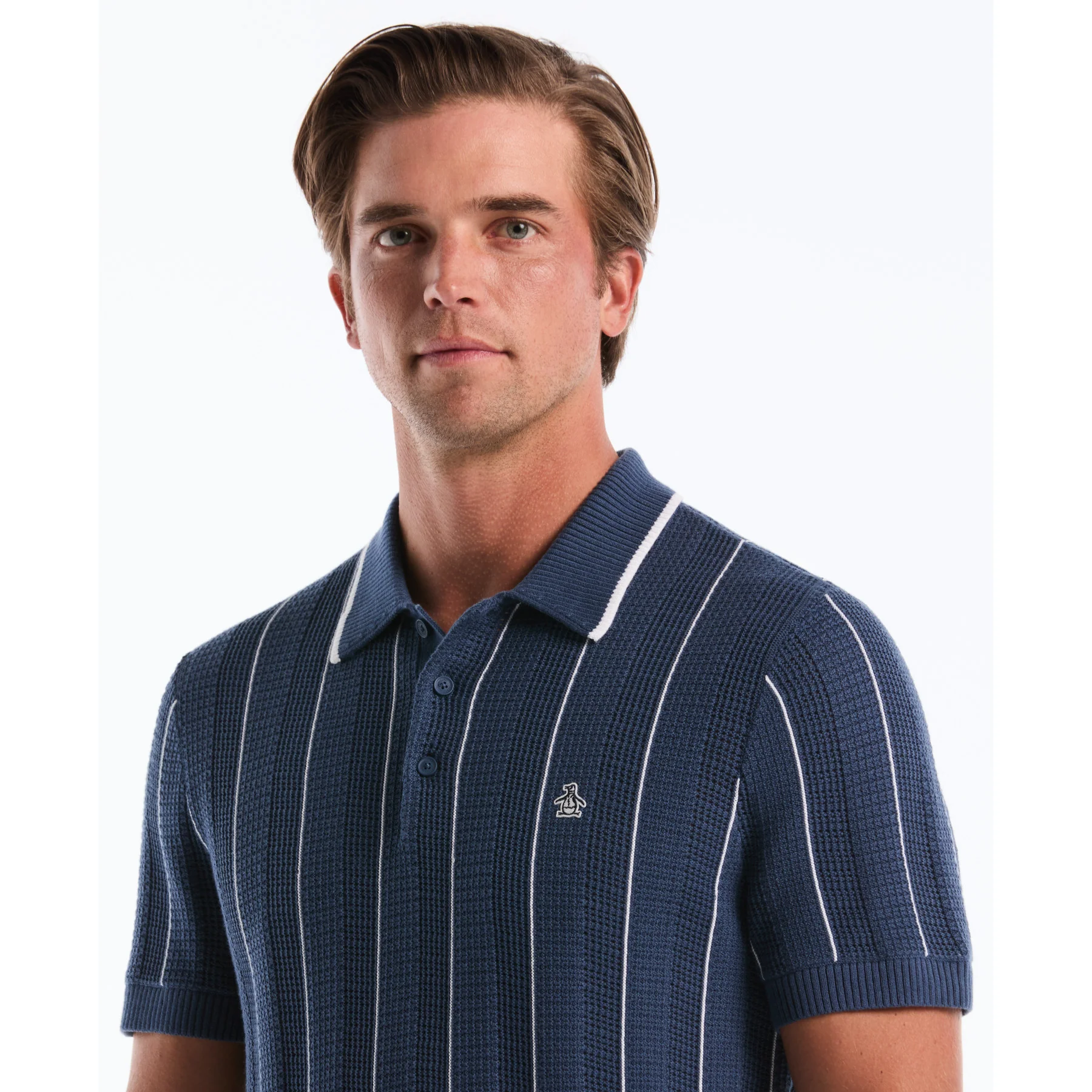 Vertical Mesh Stripe Sweater Polo In Sargasso Sea - Image 4