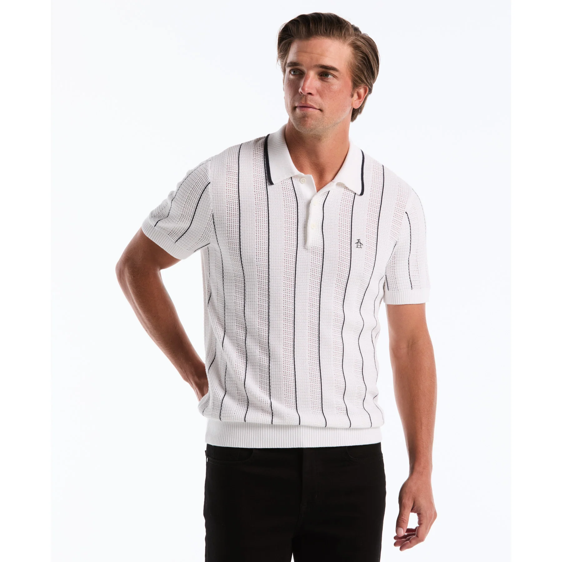 Vertical Mesh Stripe Sweater Polo In Bright White