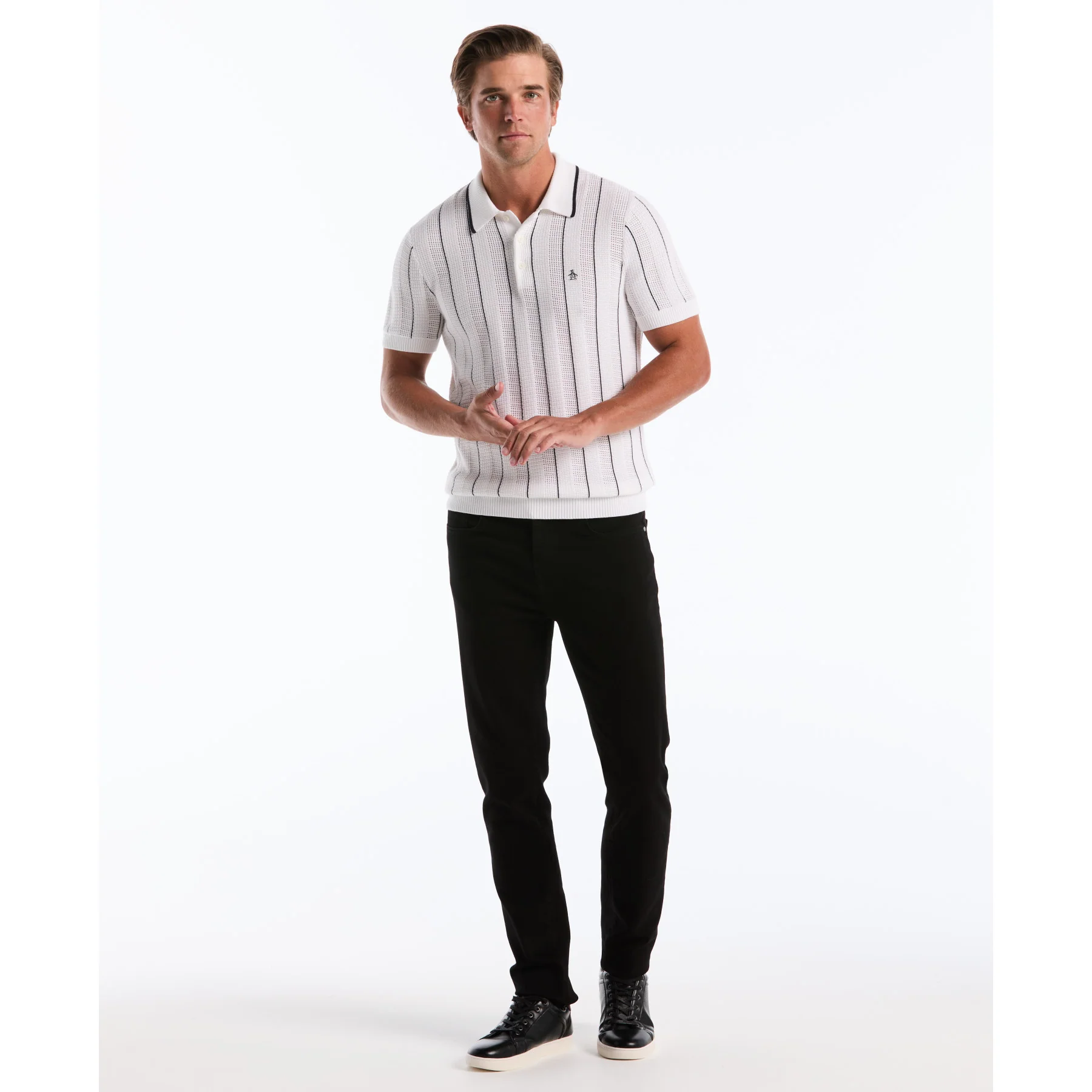 Vertical Mesh Stripe Sweater Polo In Bright White - Image 2