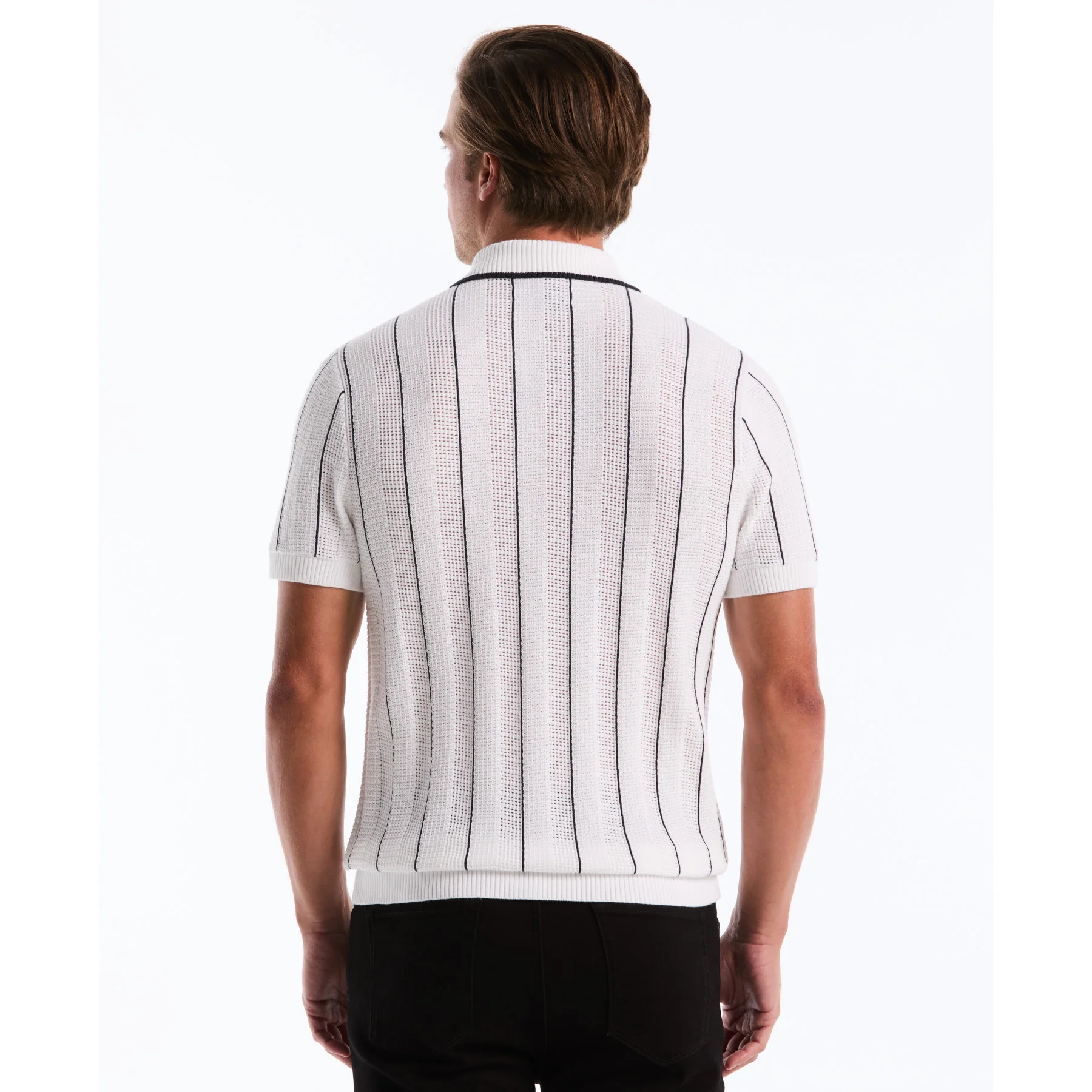 Vertical Mesh Stripe Sweater Polo In Bright White - Image 3
