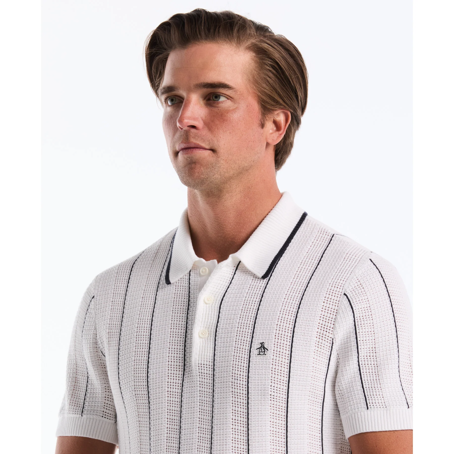 Vertical Mesh Stripe Sweater Polo In Bright White - Image 4