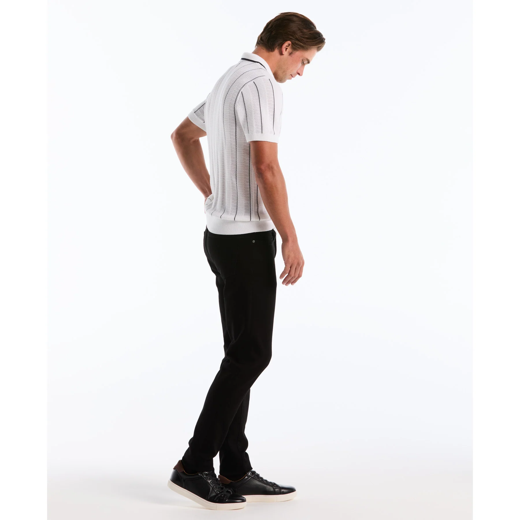 Vertical Mesh Stripe Sweater Polo In Bright White - Image 5